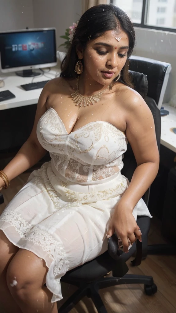 Day scene, full body photo of a plus sized 45 year old indian with a man from top view, (Masterpiece, Best Quality, High Resolution), office Background, (cum Splash on her breasts and nipples, cum Splash on her face, Splash of cum, cum Splash on her blouse, cum Splash on her eys), Sweet 25 year old South indian women sitting on her knees in a crowded party hall with a man, hour glass body red lips, silver colour silky gown, lightly makeup,ultra realistic, realistic, look at viewer (cinematic:1.3), intricate details,