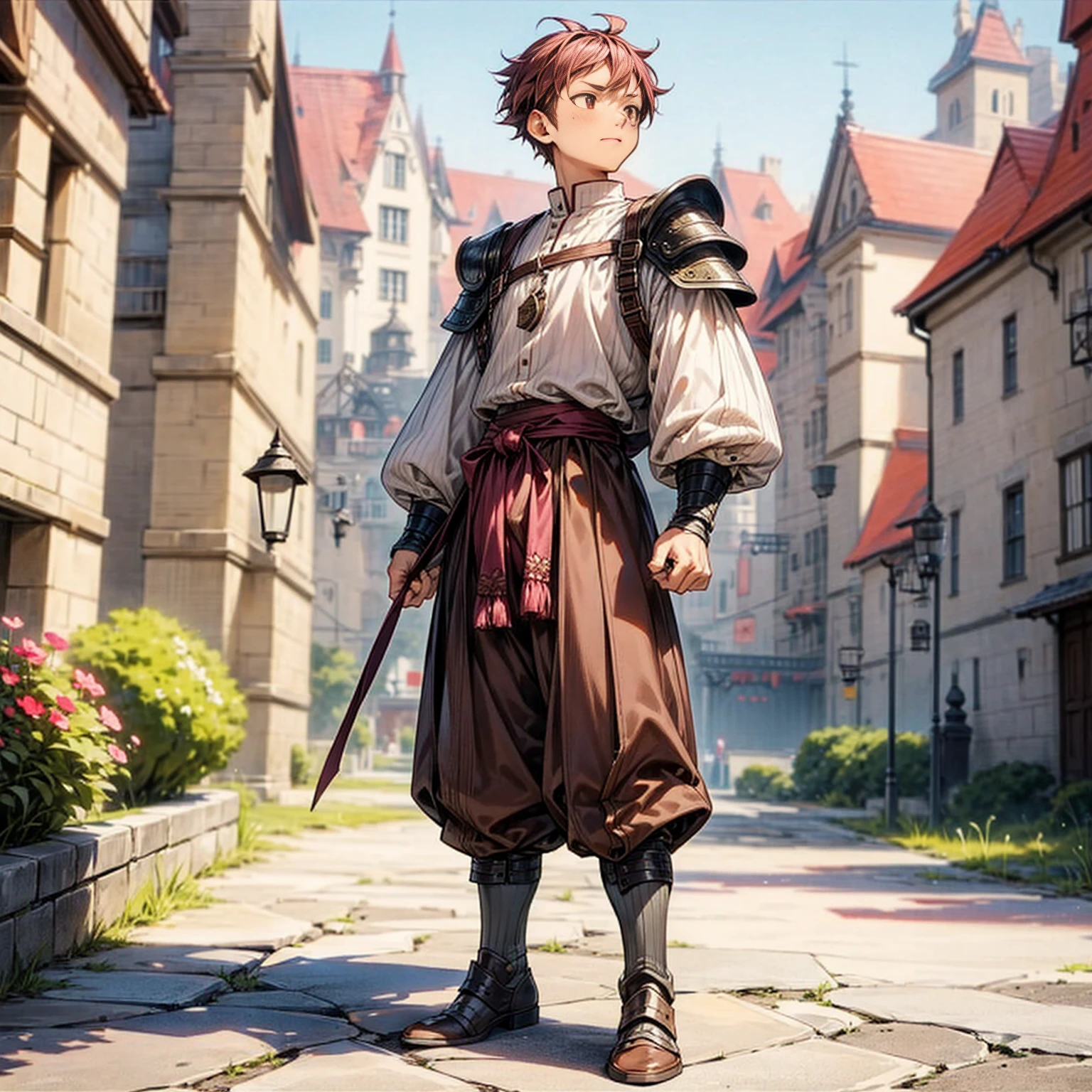 Solo character, full body version,  boy, brown eyes, magenta color hair, undercut hair, casual clothing, white color clothing, brown pants, boots, outdoor, park, village, medieval, standing gesture, detailed background, detailed clothing, detailed hair, (haikyuu style art), armored