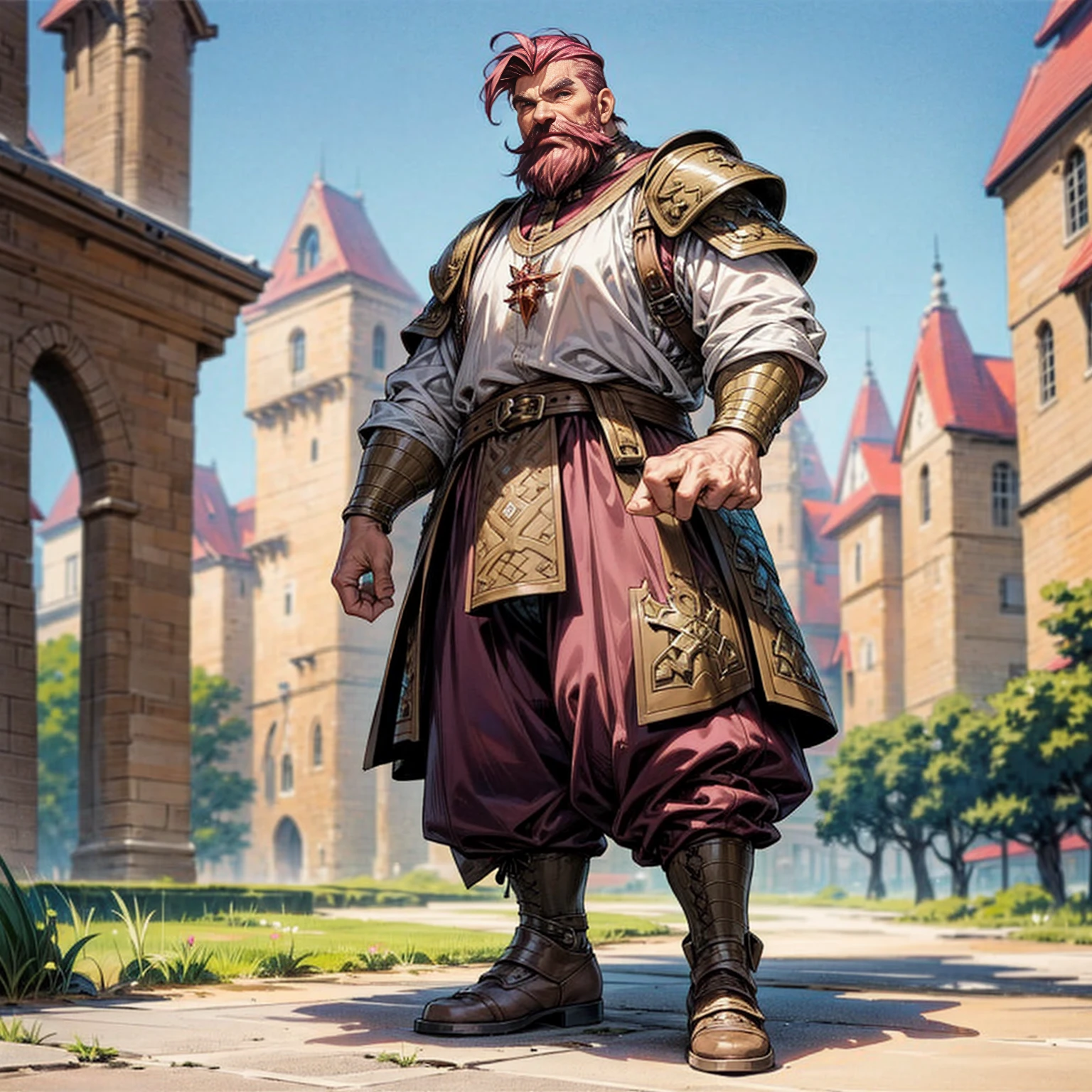 Solo character, full body version, old man, big man, big muscle, brown eyes, magenta color hair, undercut hair, casual clothing, white color clothing, brown pants, boots, outdoor, park, village, medieval, standing gesture, detailed background, detailed clothing, detailed hair, (haikyuu style art), armored, chin beard, close eyes 