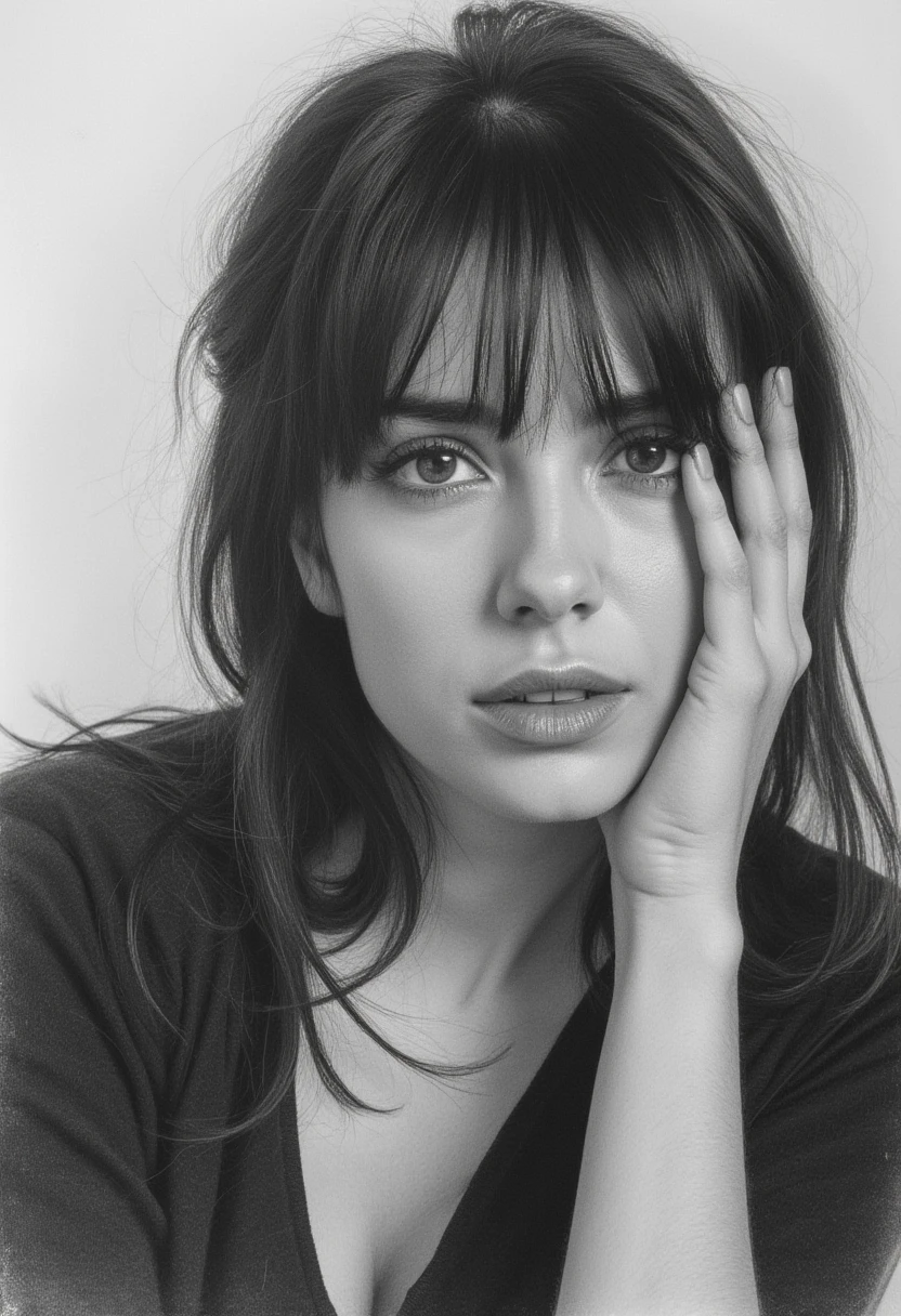 framed drawing in black pencil and charcoal on structured white paper, close-up black-and-white portrait of a woman with a neutral, contemplative expression, looking directly at the camera. Her face is centered in the frame, with her right hand gently supporting her chin and her left arm crossing over, resting near her shoulder. She has straight, thick hair styled with bangs covering her forehead, and the rest pulled back, revealing prominent cheekbones and clear eyes with visible pupils. Her eyebrows are thick and well-defined, slightly arched above the eyes. The woman's lips are slightly parted, adding to the introspective mood. She is wearing a dark-colored top with a V-neckline, with the fabric visible as a smooth, slightly reflective surface. The lighting is soft and even, illuminating her face without harsh shadows, creating a high luminance on her face and a balanced exposure. The background is plain and light-colored, ensuring all attention is focused on the subject. The overall atmosphere is calm and contemplative, enhanced by the monochromatic color scheme and the intimate composition.