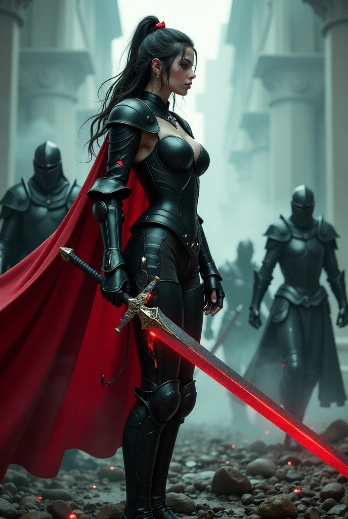 arob,robot,cyborg,metal,steel,cyberpunk,anime,mythp0rt, Madison Beer as a stunnningly beautiful female knight, wreathed in tenebrous plate armor with glowing red accents and a low-cut neckline, showcasing her perfect, juicy cleavage, , raises a formidable broadsword amidst a  melee. He is surrounded by other knights, their figures rendered with less detail, implying her dominance. The scene is rendered with a muted palette of greys and blacks, contrasted by the knight's vibrant crimson cape billowing behind him. Utilize a low camera angle, emphasizing the knight's imposing stature and the weight of the impending conflict. Enhance the background with the spectral forms of fallen warriors,  adding a layer of palpable eerieness to the composition.