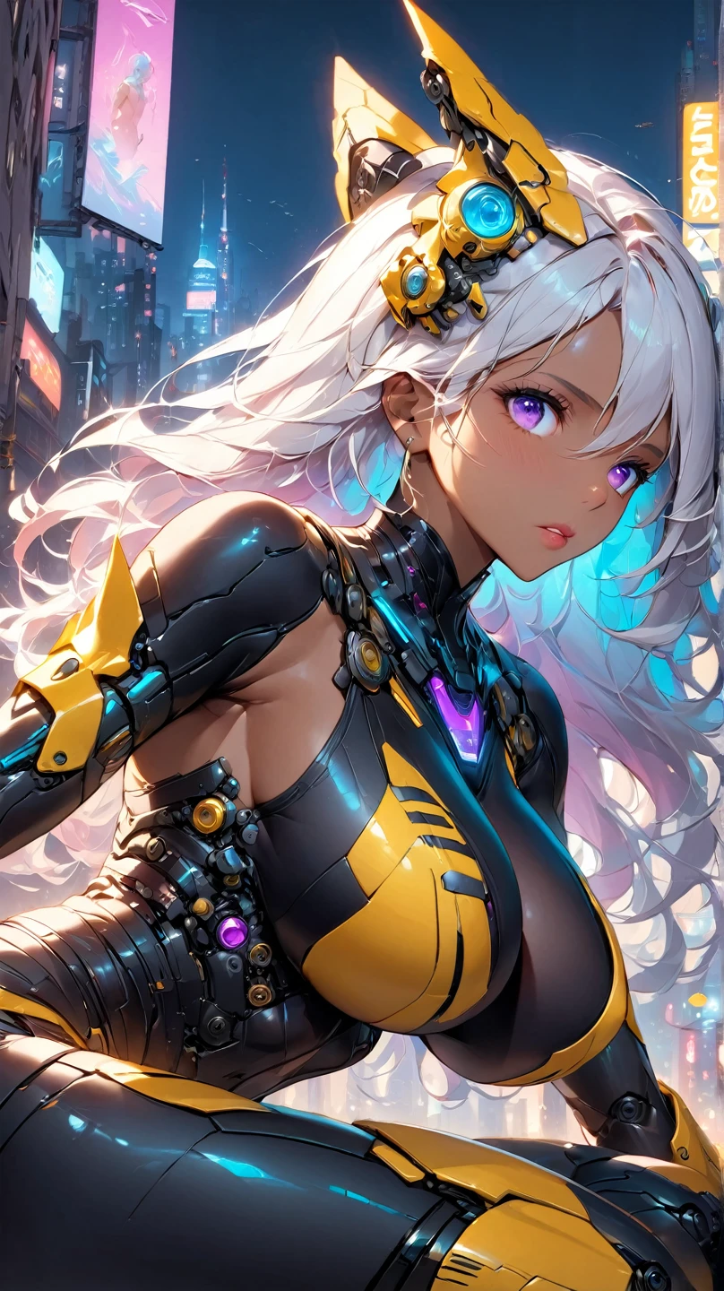 Top quality, masterpiece, super detailed, very delicate 8k wallpapers, dramatic lighting, (golden eyes), white ponytail, (cyber mouth mask: 1.2), (mechanical giant halo: 1.3), (exoskeleton suit), (holding a handgun), mechanical joints, mechanical limbs, (perfect five fingers: 1.1), (bare shoulders, bare armpits), charming, combat poses, action scenes, (huge chests, thin waist, huge ass), cyberpunk, neon glowing city,