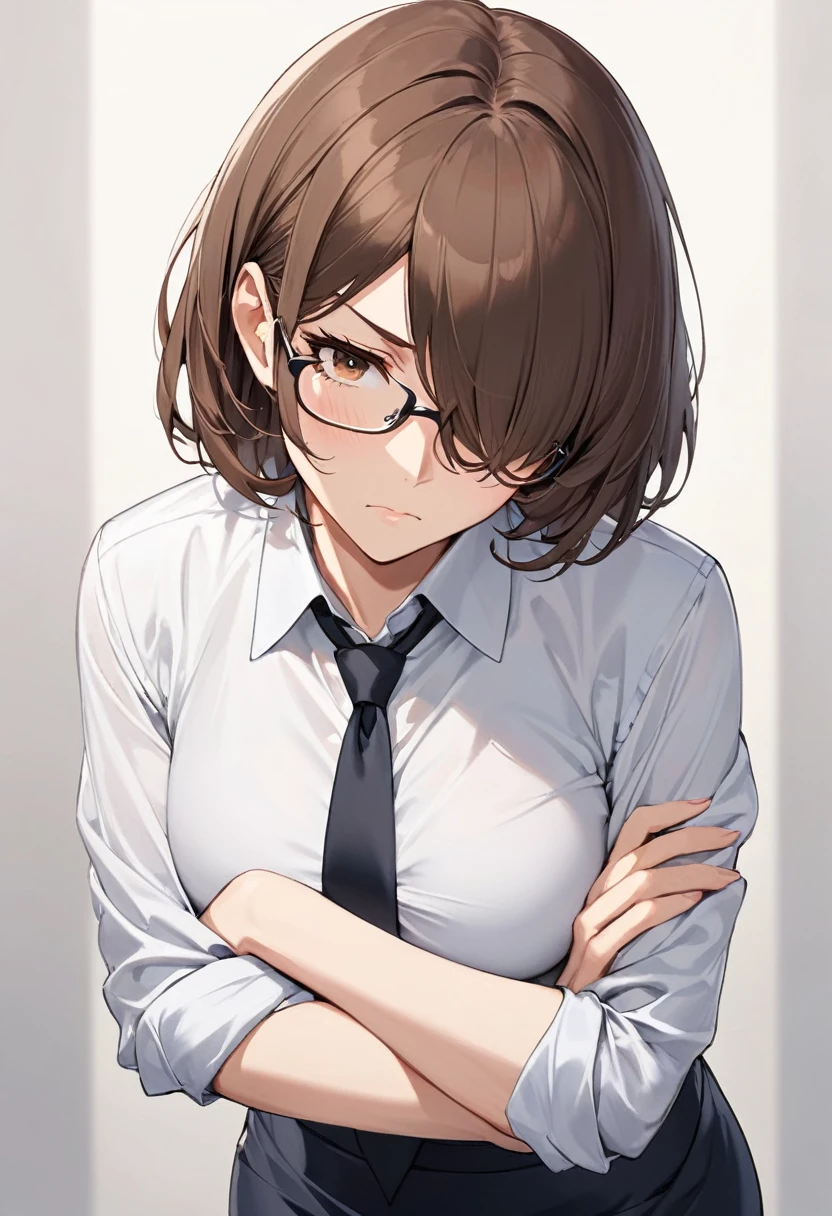  brown hair with bouncing semi-short hair with bangs rolled up and hanging over one eye, Alone, A middle-aged woman with semi-short brown hair wearing square rimmed glasses , Middle-aged woman wearing a business shirt and black tie ,  dark blue tight skirt, Slender Style , Serious expression , I'm crossing my arms 