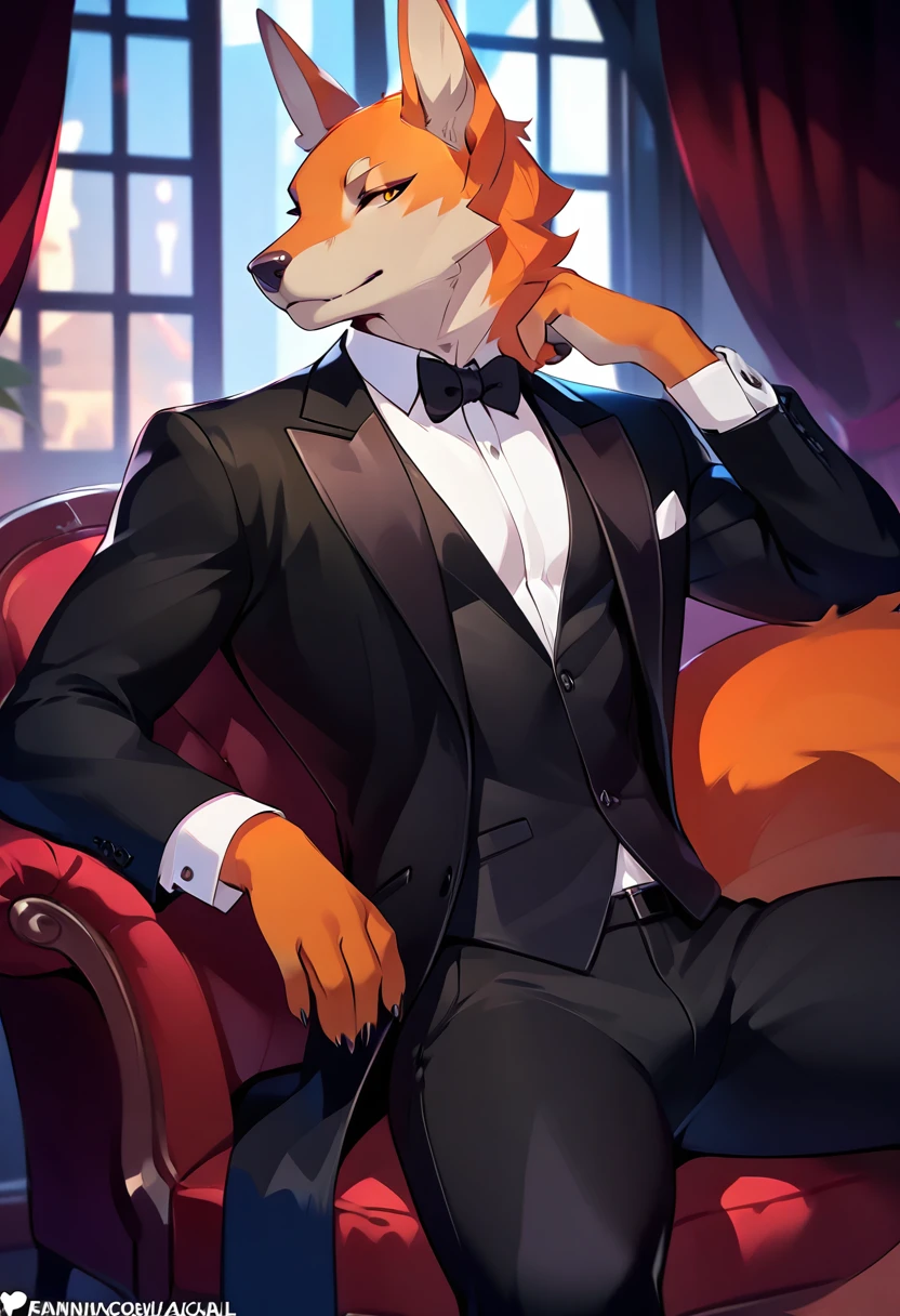 handsome, homosexual furry male jackal wearing a black suit, mafia vibes, feminine male jackal, gay pose, orange fur, light novel art