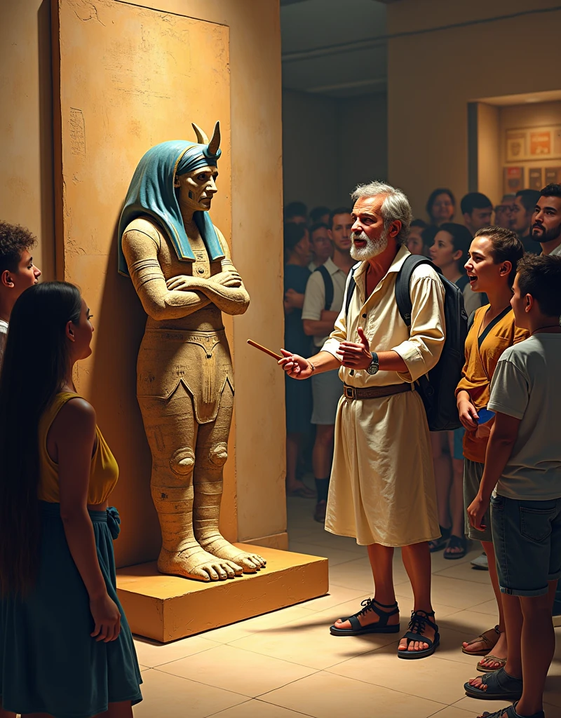 ( humorous and comedic style ,photorealism,  High quality , Detail image  ): the museum  "Ancient Egypt" ,((the guide points to an ancient sarcophagus with a mummy )), several tourists are standing and listening to the guide ( various funny tourists listen to the guide and look at the sarcophagus) and , (((there is a revived mummy(a revived mummy ) and also listens, listens and watches the guide what the guide shows))), highly detailed scene , A revived mummy in bandages listens to the guide with tourists(no one notices the revived mummy , everyone looks at the guide and the sarcophagus with the mummy next to it )