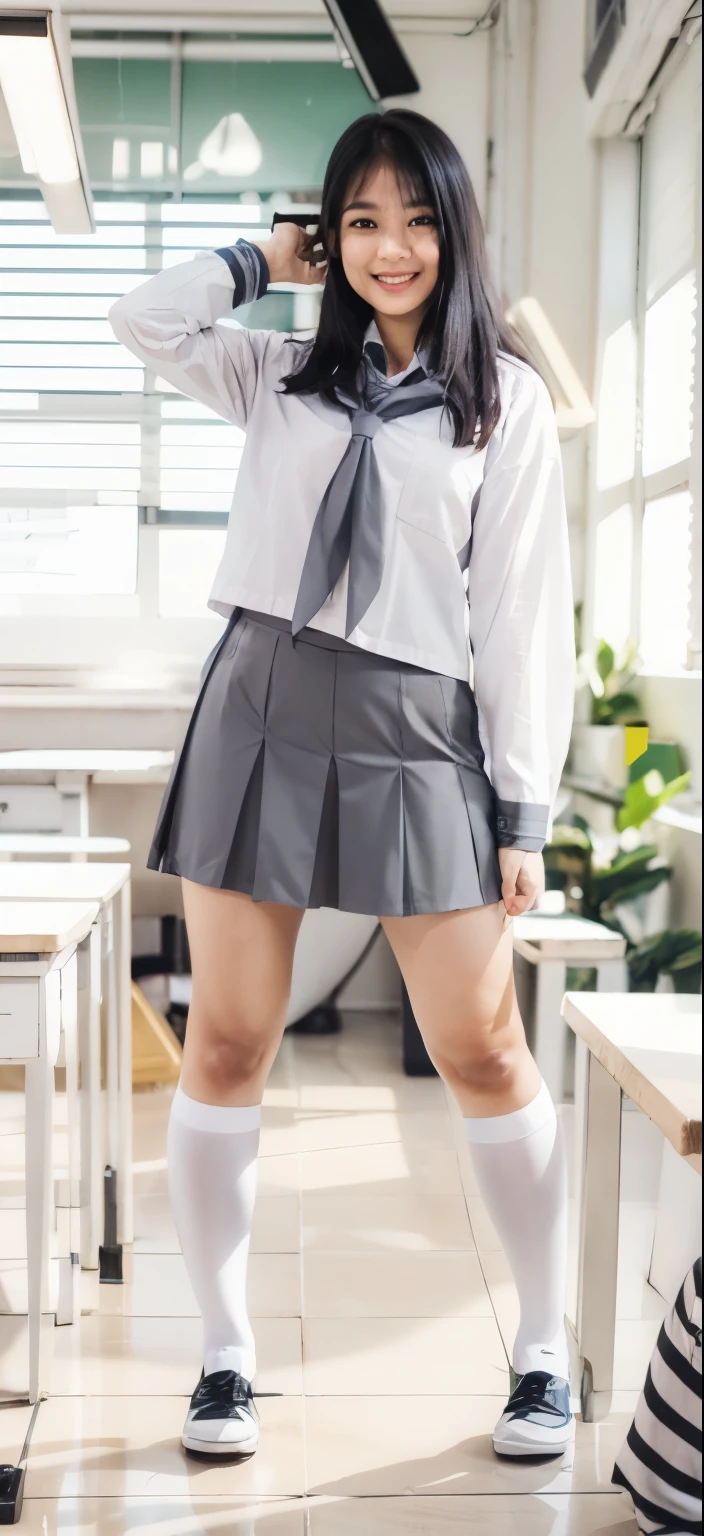 female, beautiful girls, line up, big hips, curvy body, tight, wearing indonesian high school uniform, indonesian high school uniform white shirt and grey skirt, smile, dynamic pose, Fullbody, curvy body, good hand angle, Eye-Level Shot, classroom, 135mm, masterpiece, best quality, highres, HD, 8k, textured skin, high quality, UHD