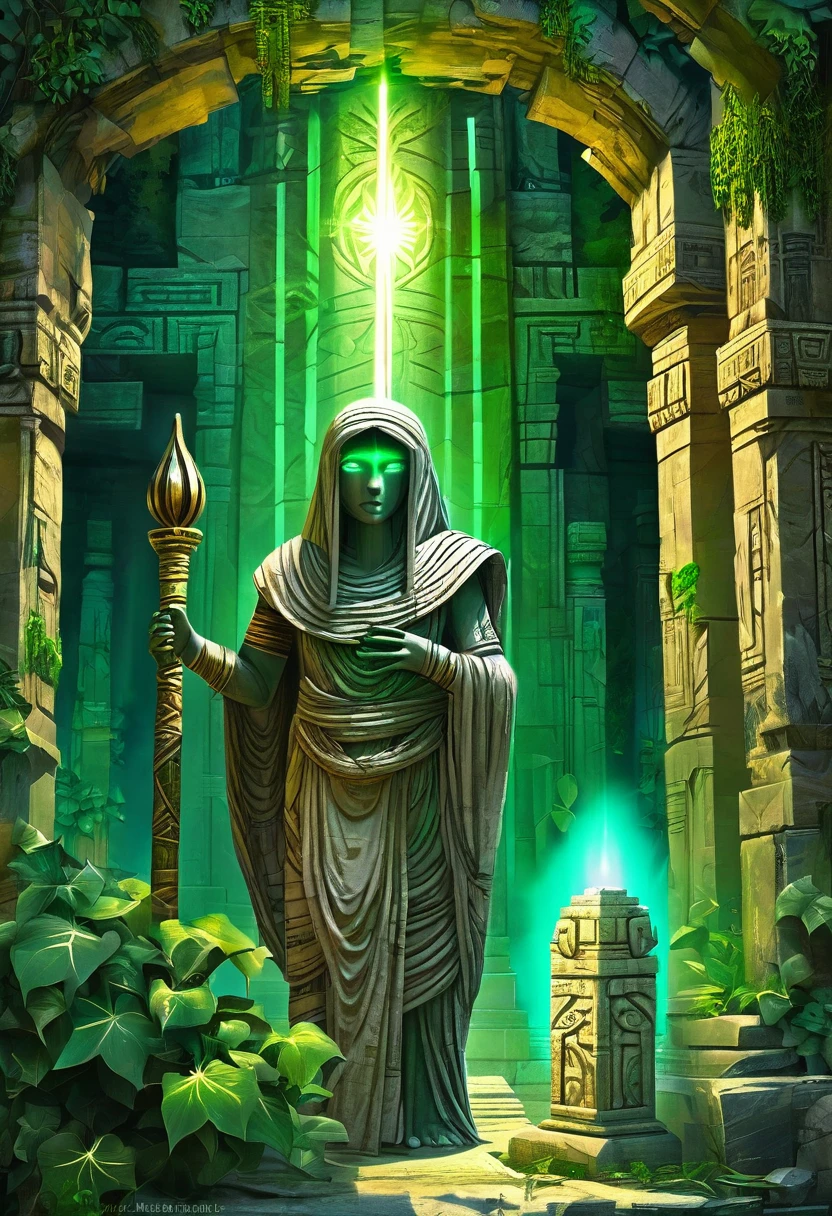 a mummy standing defiantly in the ruins of an ancient temple, holding a precious artifact, with a background of stone carvings and ivy, a mystical scene with shafts of light, emerald green eyes glowing