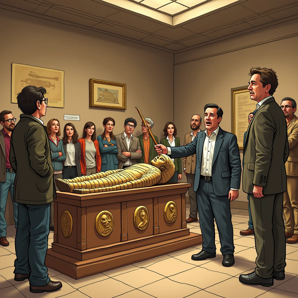 ( humorous and comedic style ,photorealism,  High quality , Detail image  ): the museum  "Ancient Egypt" ,((the guide points to an ancient sarcophagus with a mummy )), several tourists are standing and listening to the guide ( various funny tourists listen to the guide and look at the sarcophagus) and , (((there is a revived mummy(a revived mummy ) and also listens, listens and watches the guide what the guide shows))), highly detailed scene , A revived mummy in bandages listens to the guide with tourists(no one notices the revived mummy , everyone looks at the guide and the sarcophagus with the mummy next to it )