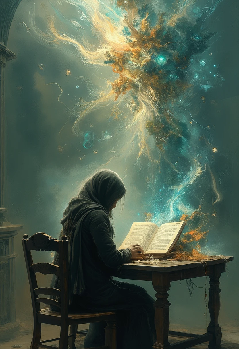 "Create an abstract image of a person sitting at a table, deeply engrossed in reading a mythical book.  Incorporate elements like floating symbols, ethereal creatures, or mystical landscapes emerging from the pages. The atmosphere a quality, blending reality and fiction."