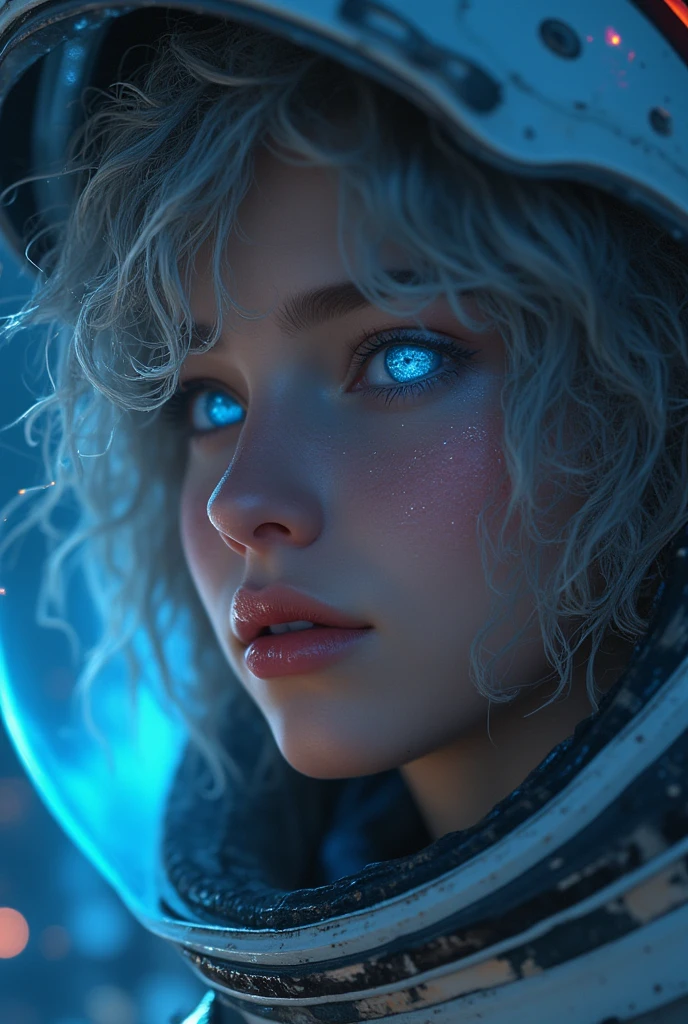 (Close-up of a better masterpiece:1.5)0.9], (Space and astronauts:1.2) (Messy silver hair:1.1) (Heterochromia xanthochromia and blue eyes:1.2) (Space Helmet:1.0) (Colored stars in the eyes:1.0) (A radiant glow:1.1) (thick lips:0.9)