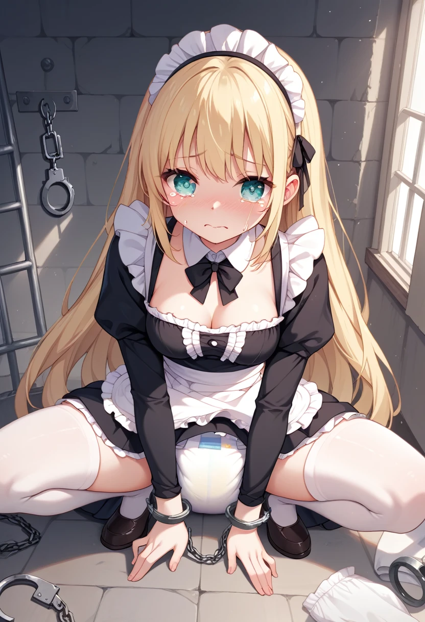 Beautiful long blonde　Girl in black maid outfit　  Long Sleeve 　whole body　diaper　 open your crotch and squat 　Chained handcuffs　((Teary-eyed))　Underground Prison　Hands in front