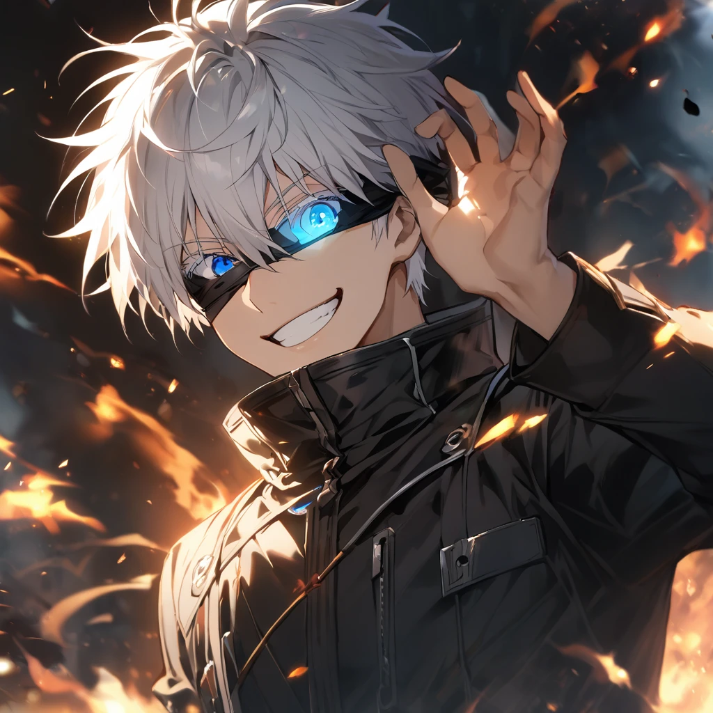 1boy, smile, solo, gojou_satoru, male_focus, white_hair, upper_body, blue_eyes, jacket, blindfold, black_jacket, looking_at_viewer, long_sleeves, short_hair, grin, hair_between_eyes, high_collar, hand_up, bangs, embers, glowing, black_blindfold, arm_up, teeth, colored_eyelashes