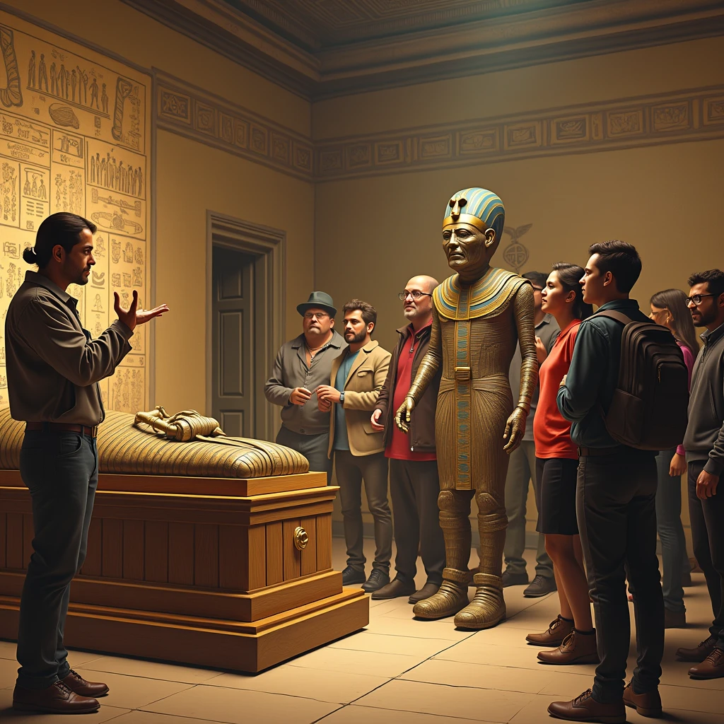 ( humorous and comedic style ,photorealism,  High quality , Detail image  ): the museum  "Ancient Egypt" ,((the guide points to an ancient sarcophagus with a mummy )), several tourists are standing and listening to the guide ( various funny tourists listen to the guide and look at the sarcophagus) and , (((there is a revived mummy(a revived mummy ) and also listens, listens and watches the guide what the guide shows))), highly detailed scene , A revived mummy in bandages listens to the guide with tourists(no one notices the revived mummy , everyone looks at the guide and the sarcophagus with the mummy next to it )