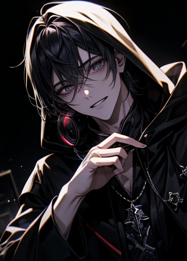 {male}、standing on a dark basement,  Knight , dark, his face is stretched into a dark and slightly frightening smile, Detailed face, Detailed eyes, Detailed body,  彼の外見は彼の陰鬱さと yandereな性格を物語っている, Basement Background, Thin fingers,  close view,  best upscaling , , Tilt your head, dark and gloomy yandere look {male、good looking}{少しgood looking}、 black hood and black pants 、{Backstreets}、dark、dark、{Madness}、虚ろな目good looking、{ smartphone with earphones }、 long bangs 、 unshaved 、{Introvert}{ yandere}、{Fall into darkness}、{Stalker}{ black hoodie}、{ black background}、{Back Alley}、nightの路地{Moonlight}、night{Savior}city