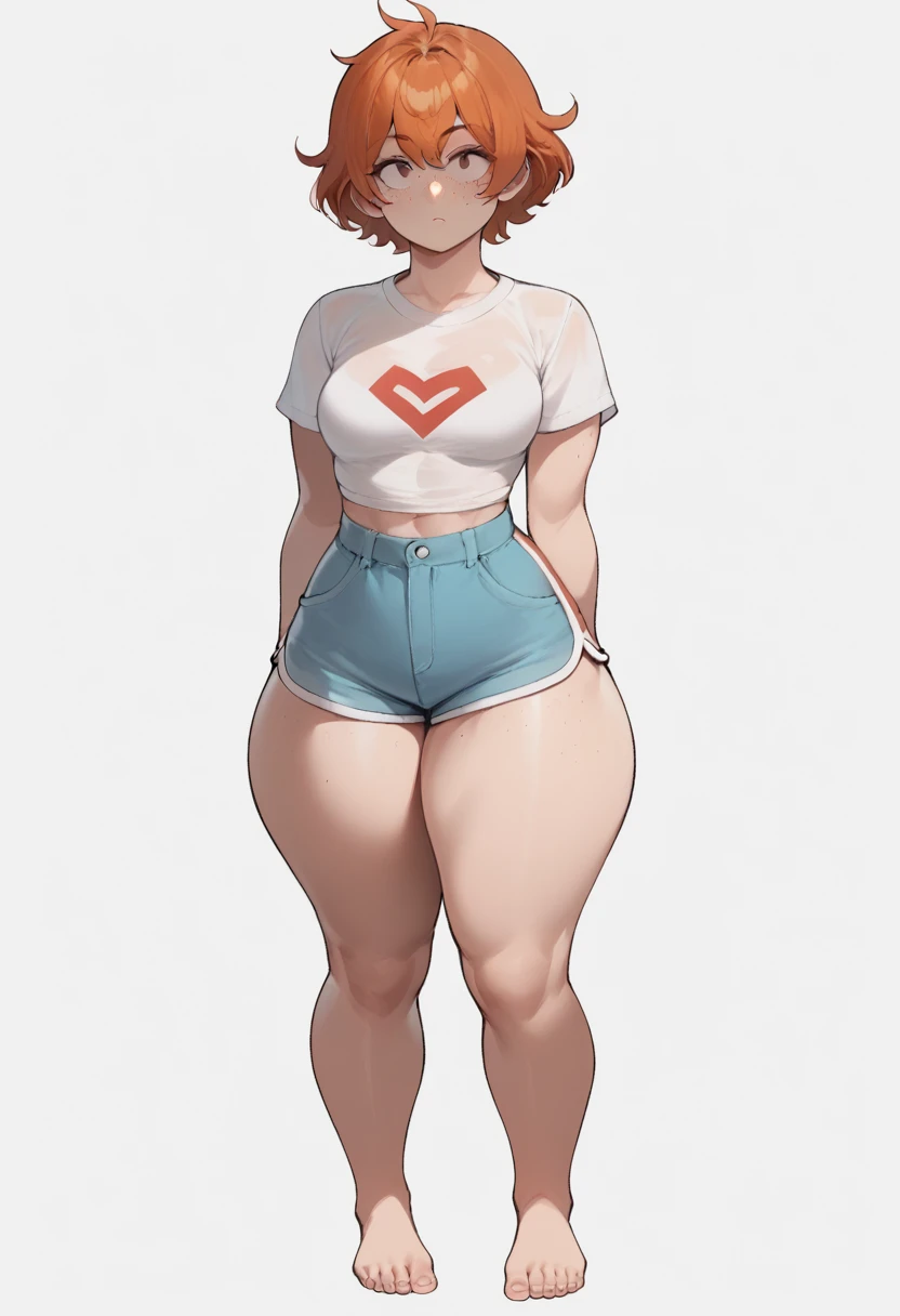 Score_9, score_8_up, score_7_up, score_6_up, source_anime, Nyantcha style, 1girl, solo, ginger hair, short hair, freckles, standing, sharp outline, t shirt, tight sports shorts, medium breasts , thick thighs, big soft thighs, wide hips, thick legs, barefoot, small feet, full body shown, white background, , short height, round head, simple eyes, round face, thick thighs pressed together, short legs, slim waist, slim stomach, adult woman, full body shown