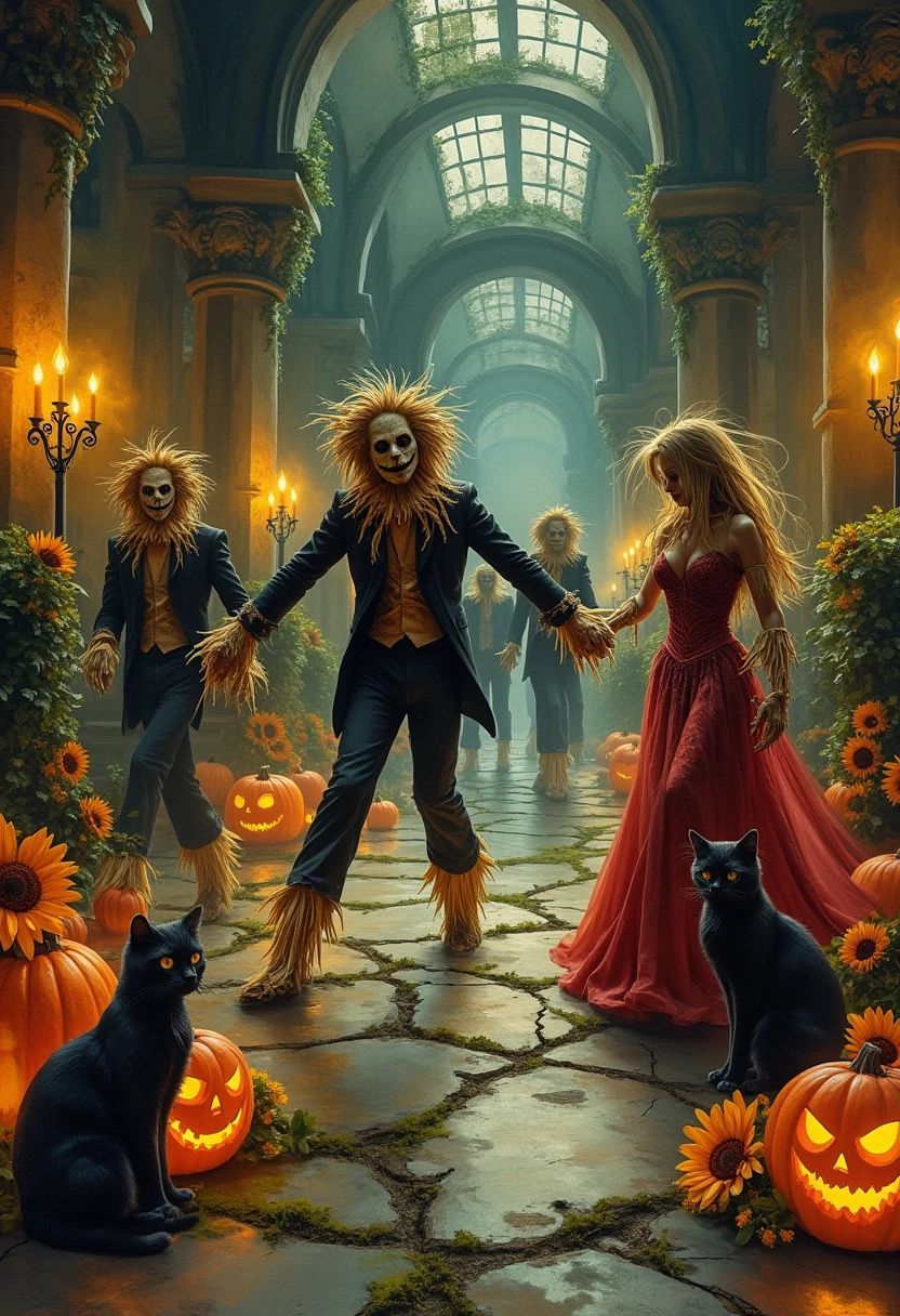 A high quality professional watercolour painting with Loose and Expressive brushstrokes and a Broken wash of a Scarecrow Ball, held in an old gothic ruined Mansion Ballroom with vibrant Harvest and Halloween decorations of ivy, pumpkins, sunflowers and softly glowing candelabras, glowing jack o lanterns add to the celebrations. Black cats sit on vibrant spooky gring pumpkins with some sleeping,  Elegant Scarecrow couples can be seen waltzing around cracked mossy floor, The scene is inspired by high fantasy mythpunk elements, infused with wierdcore aesthetics. The overall ambiance is gothic, dark fantasy, and dark and gloomy.
The scarecrow ball is intricately designed with details such as couples in tattered formal clothes, straw of various shades sticking out, and a haunting expression. The old gothic Mansion is adorned with Halloween decorations like pumpkins, cobwebs, and eerie lighting to enhance the spooky atmosphere. The watercolour technique used gives a sense of fluidity and movement to the painting, capturing the essence of the scene with a dreamlike quality.
The combination of high fantasy mythpunk, wierdcore, gothic, dark fantasy, and dark and gloomy elements creates a unique and immersive painting that transports the viewer to a surreal and mysterious world.