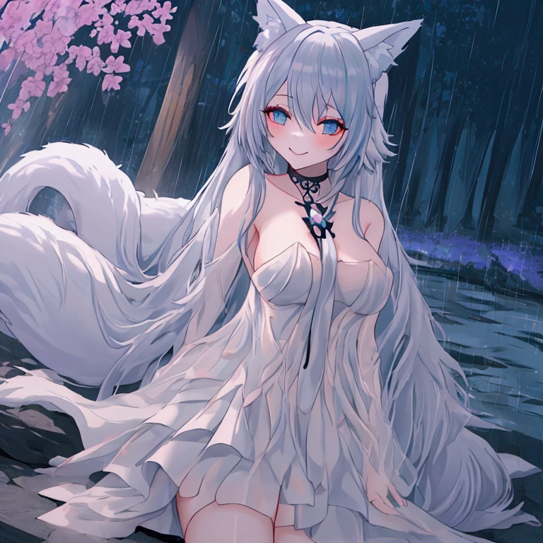 ((masterpiece)), ((best quality)), HD, outside, rain, Zen Garden  , Night,   fire lit , Fox girl, (( fuchsohr, foxtail, )) smile,   dance to watch the fire ,   with one look ,  very very very long blue silver hair,   bluegrey eyes ,  collar with cross , ((Naked))  