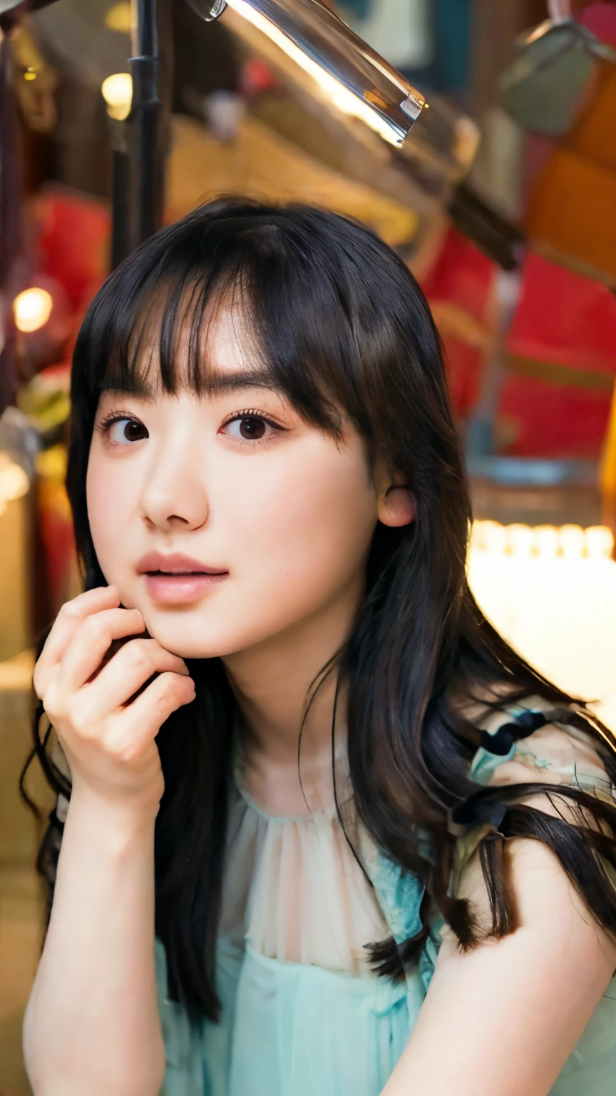 A beautiful detailed portrait of Mana Ashida, Japanese actress, sitting with her feet up, extremely detailed face, beautiful eyes, detailed lips, long eyelashes, intricate hairstyle, serene expression, flowing dress, cinematic lighting, warm color palette, photorealistic, masterpiece, 8K, high quality
