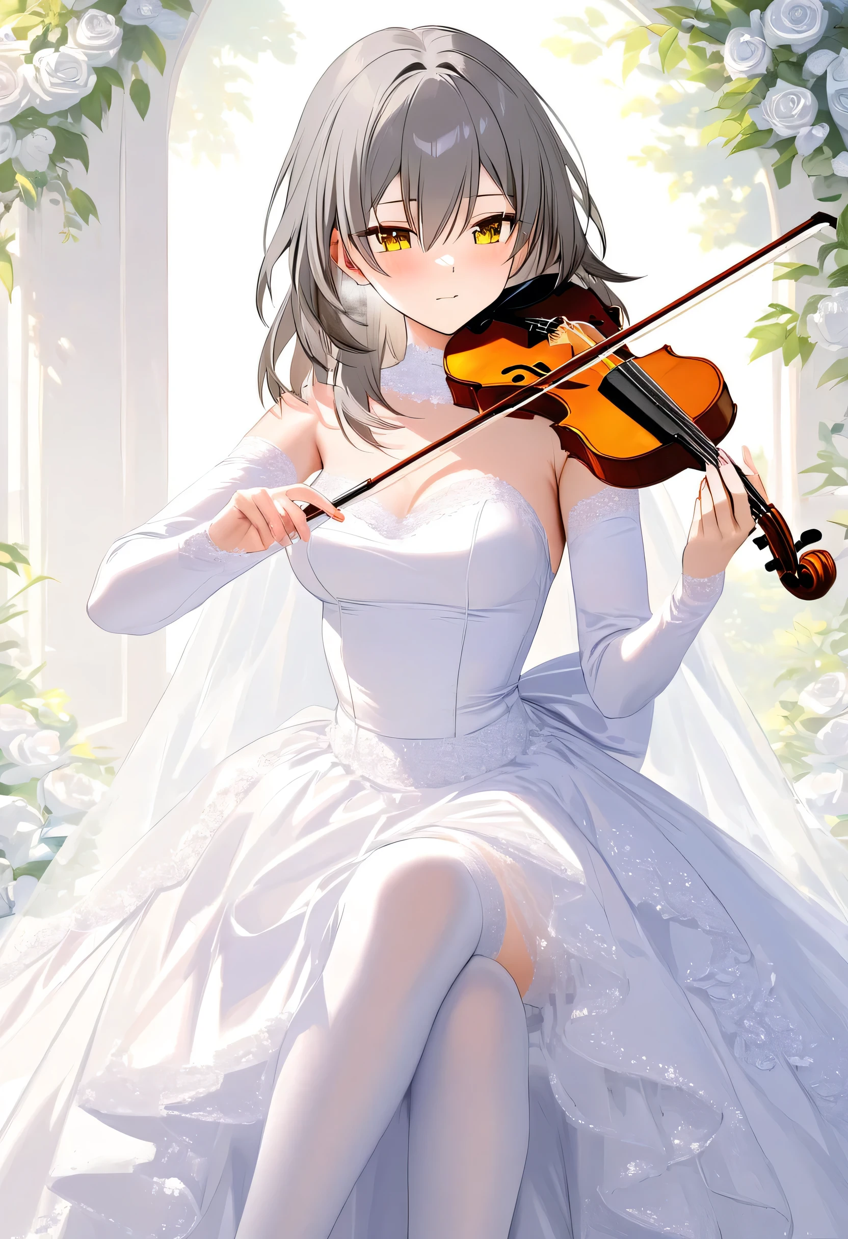 stelle \(honkai: star rail\), grey hair, bangs, hair between eyes, long hair, yellow eyes, medium breasts, blush, closed mouth, heavy breathing, A girl is playing violin bow, acoustic violin bow, playing instrument, white violin bow, wedding dress, long sleeve, full length skirt, princess, long elbow gloves, over-knee highs, neat and clean and cute and young girl, (masterpiece:1.2), (best quality:1.2), (very aesthetic:1.2), (absurdres:1.2), (detailed background), (detailed face:1.1), masterpiece, best quality, beautiful detailed eyes,