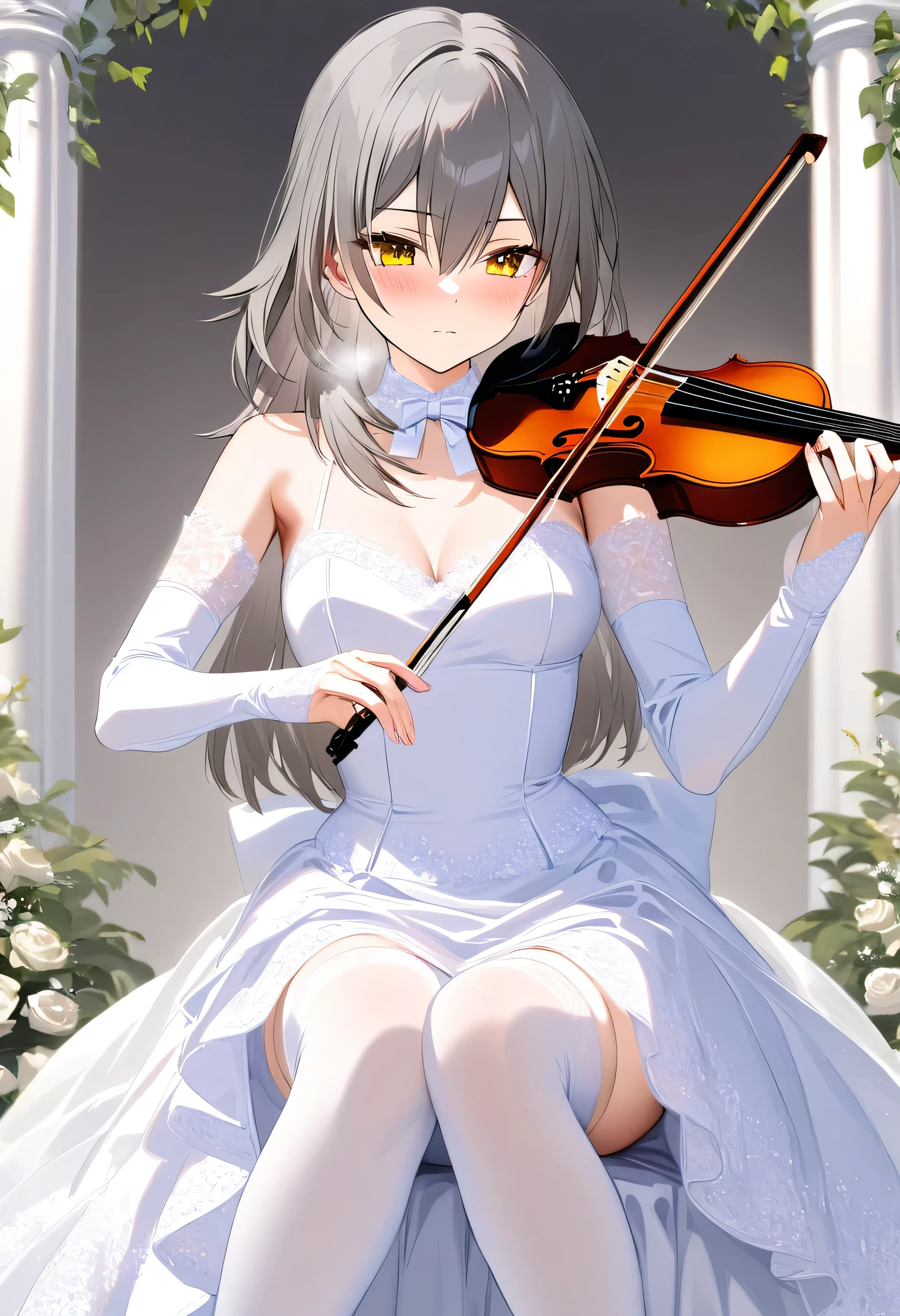 stelle \(honkai: star rail\), grey hair, bangs, hair between eyes, long hair, yellow eyes, medium breasts, blush, closed mouth, heavy breathing, A girl is playing violin bow, acoustic violin bow, playing instrument, white violin bow, wedding dress, long sleeve, full length skirt, princess, long elbow gloves, over-knee highs, neat and clean and cute and young girl, (masterpiece:1.2), (best quality:1.2), (very aesthetic:1.2), (absurdres:1.2), (detailed background), (detailed face:1.1), masterpiece, best quality, beautiful detailed eyes,