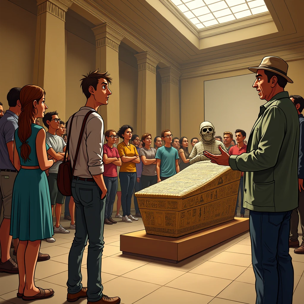 ( humorous and comedic style ,photorealism,  High quality , Detail image  ): the museum  "Ancient Egypt" ,((the guide points to an ancient sarcophagus with a mummy )), several tourists are standing and listening to the guide ( various funny tourists listen to the guide and look at the sarcophagus) and , (((there is a revived mummy(a revived mummy ) and also listens, listens and watches the guide what the guide shows))), highly detailed scene , A revived mummy in bandages listens to the guide with tourists(no one notices the revived mummy , everyone looks at the guide and the sarcophagus with the mummy next to it )