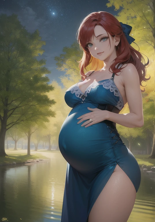 Photorealistic,photography, 1 pregnant girl, (ArielWaifu:1), smile, cute, beautiful pose, looking at the viewer, thick thighs, (blue dress, hair bow, corset), walking, from below, third trimester of pregnancy,
(realistic: 1.2), (realism), (masterpiece: 1.2), (best quality), (ultra detailed), (8k, 4k, intricate), (full-body-shot: 1), (Cowboy-shot: 1.2), (85mm), light particles, lighting, (highly detailed: 1.2), (detailed face: 1.2), (gradients), sfw, colorful, (detailed eyes: 1.2), (red hair)
(detailed landscape, night, lake, magic forest, plants: 1.2), (detailed background), detailed landscape, (dynamic angle: 1.2), (dynamic pose: 1.2), (rule of third_composition:1.3), (line of action: 1.2), wide shot, daylight, soil,