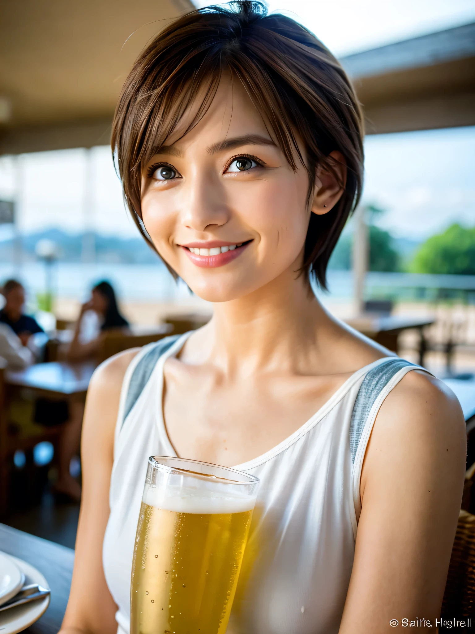 ((White Wine)),((Wine Glasses)),(Realistic, superrealistic:1.4), 16K HDR, Kampala ,((White Wine)),((Wine Glasses)),Happy smile、 short hair,The best smile、Japanese actress, so beautiful(It looks like the real thing),dress、Slim couple、Model Couple、(Realistic, complicated details :1.2), for amazing views of the sky and clouds at sunset、, DSLR camera , Soft Writing , Detail Background , Use volumetric lighting, sharp concentration , super Realistic 肌, so beautiful表現です,Cloud Effect:1.2、Professional quality Kampala 、 best quality , Slim Body ,High quality face,Detailed eyes,Beautiful Lips,Excellent light particles,Cinema Lighting, blue eyes ,(RAW photo), (Realistic), (masterpiece), ( best quality ), Kampala , 8k, ( complicated details ), ( volumetric light), portrait, Layered Hair , Brown Hair, beautiful eyes,