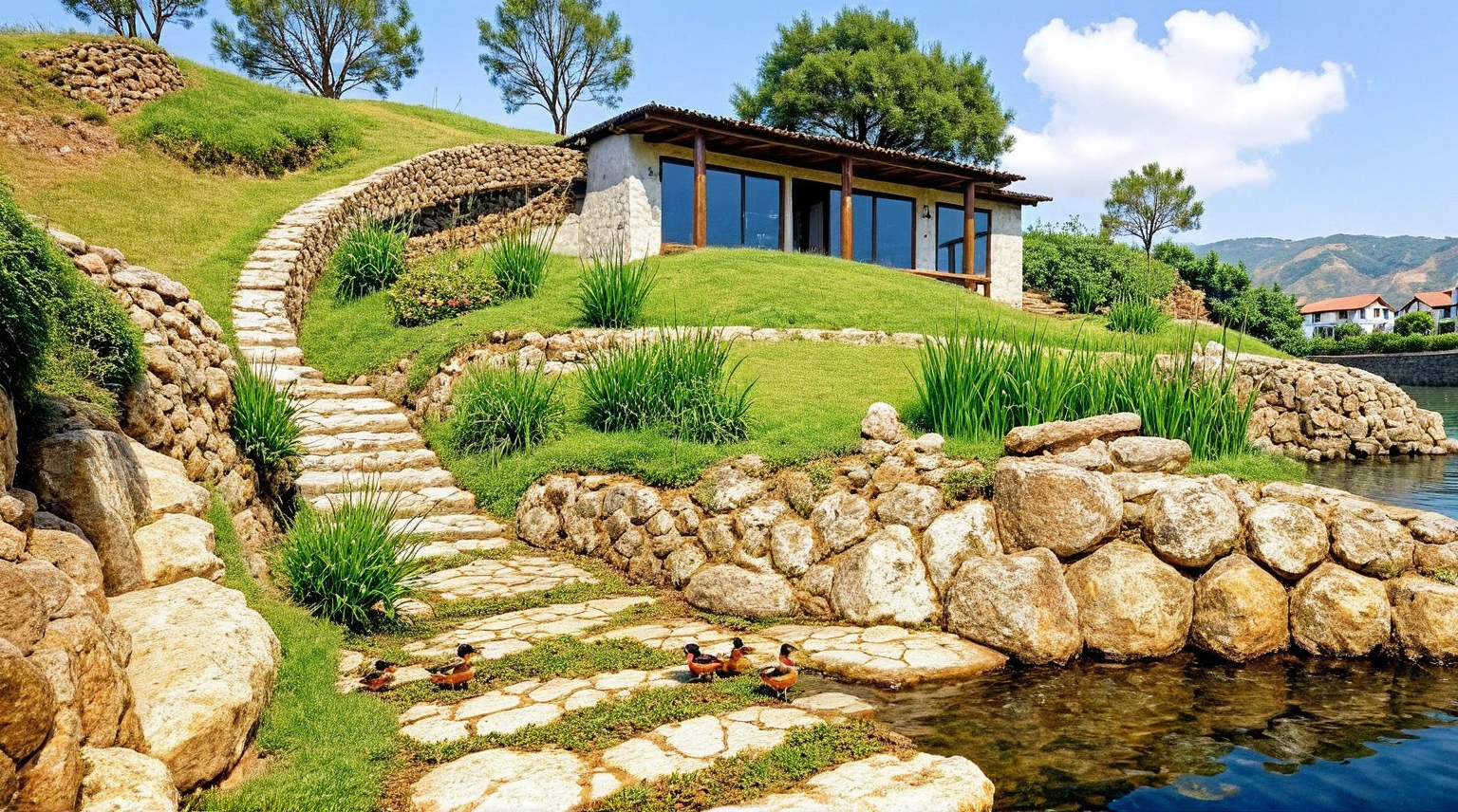 Raw photo,Masterpiece, high quality, best quality, realistic, super detailed, exterior, outdoor, This image shows a serene outdoor scene with a rustic stone building on the right , surrounded by lush greenery. A narrow canal, a flock of swimming ducks and a school of goldfish, reflections run through the landscape, framed by stone paths, a house on a hill against a backdrop of rolling hills and a clear sky. green. The scene exudes a cozy, natural charm with a blend of nature and rustic architecture, clear blue sky, (daylight:1.1), ((actual photo))