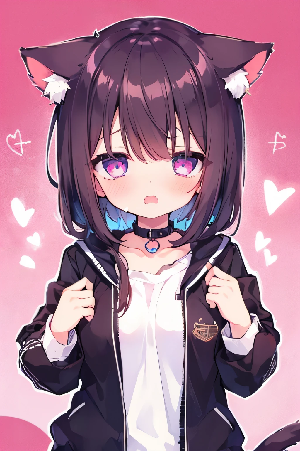  oversized jacket 、Putting on a collar、、,Pink Shortcut,Very beautiful and Shining Eyes、Shining Eyes、 1 girl、Small breasts、Cat ears elementary school girlining Eyes、Shining Eyes、1 person、cat ears、((((()))))、heart❤、((sweat、vapor)）、Flattery、Embarrassed