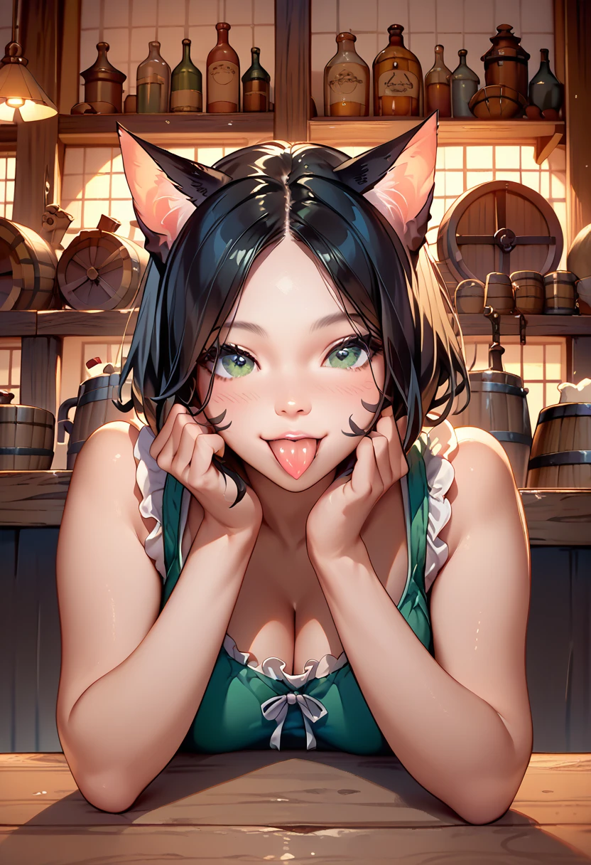 anime cat girl with black hair working at a tavern, slutty clothing, cute, adorable, fantasy art, detailed art, light novel art, anime art, sticking tongue out, 