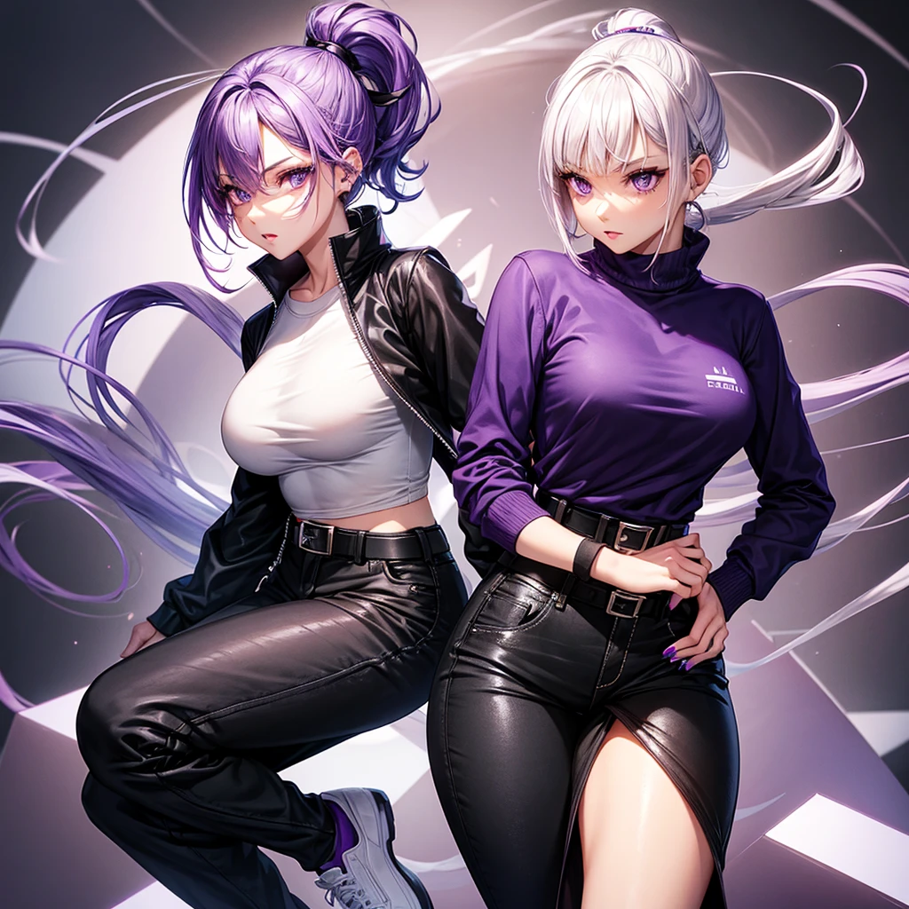 young woman, , light skin,  short white and purple hair in a ponytail,  purple eyes , black office pants dark purple shirt, purple manicure, black orthopedic shoes , detailing, beautiful, slim,  black belt