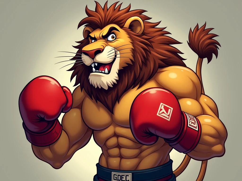 anthro lion, posing for the camera, wearing boxing gloves. anthro body, male, mane, adult, masculine, (athletic, muscular, heavyweight:1.2), correct anatomy, king crone, (detailed eyes:1.2), sexy, (cel shaded:1.2), cartoony shading, (tail:1.2), cocky smile, angry eyes, (sweat:1.4), open mouth, (boxing gloves:1.2), (boxing jockstrap:1.2), (looking at viewer, front view:1.2), bright eyes, partial shadows, strong, action pose