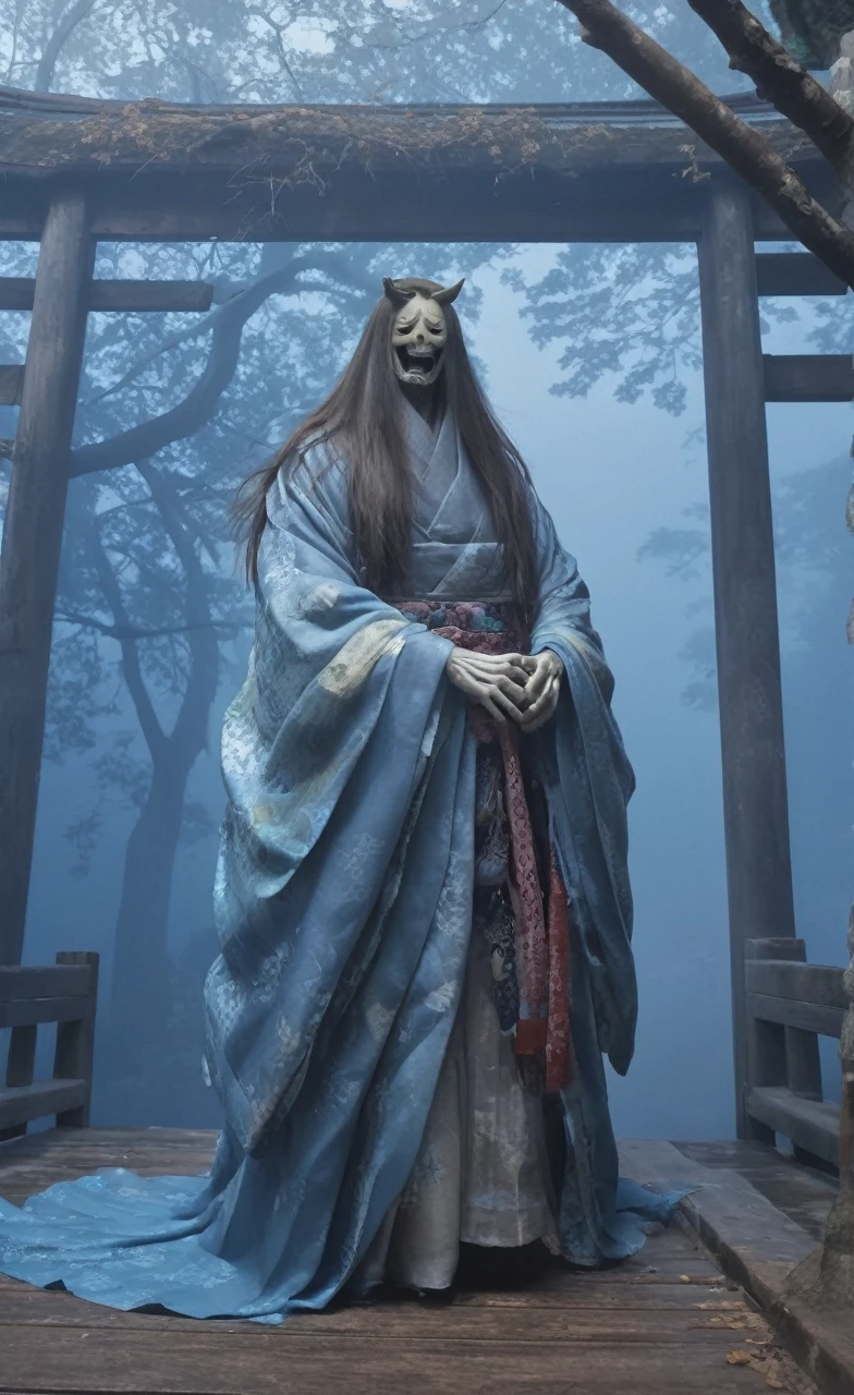 yokai, ghostly figure with long flowing hair, traditional kimono, ancient shrine, spooky atmosphere, ethereal blue glow, high resolution, misty background, decaying wooden beams, old prayer tags fluttering