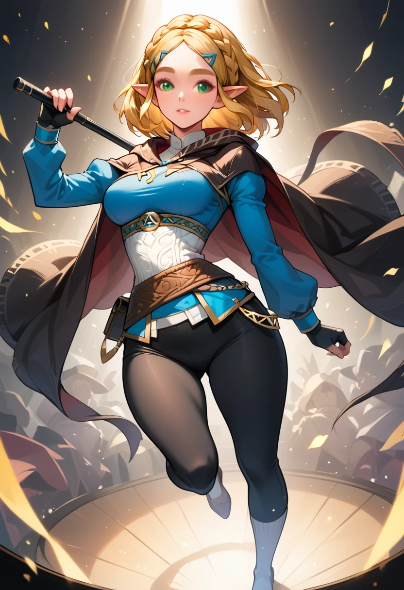 (extremely fine and beautiful:1.1), (perfect details:1.1), (finely detailed eyes and detailed face:1.3), ZeldaSDXL, Princess Zelda, narrow hips, medium breasts, slender thighs, small ears, pointy ears, braid, hair ornament, hairclip, gloves, black gloves, fingerless gloves, blue shirt, shirt, long sleeves, crown braid, bangs, green eyes, parted bangs, pants, black pants, blonde hair, short hair, long hair, cape, sidelocks, hood, thick eyebrows, jewelry, hooded cape, belt, tight pants, tight, puffy sleeves, ( lost path), black Mary Jane tap heels, white socks, while tap dancing, on stage, wearing a black top hat on her head, holding a black cane on her hands