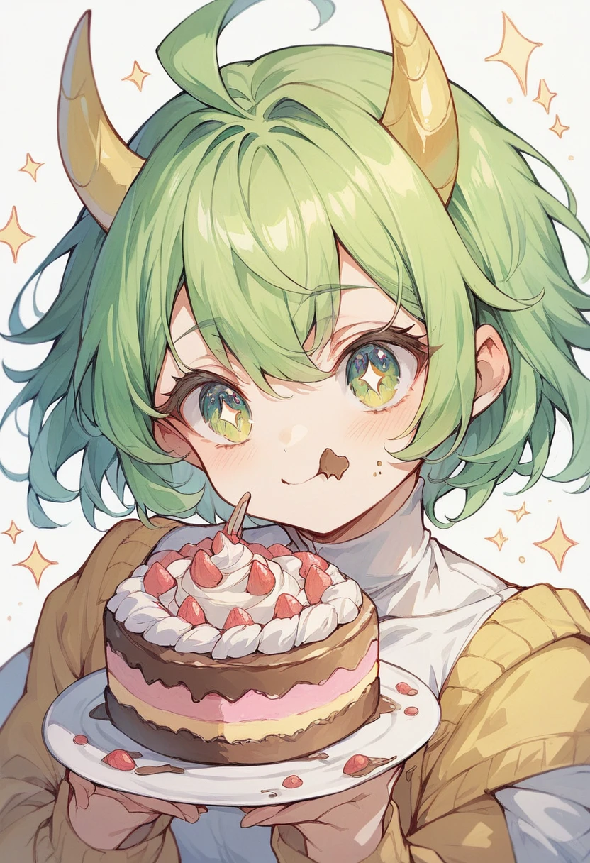 Green Hair,yellow horns,Eat cake,Cute Girls,Sparkling Eyes