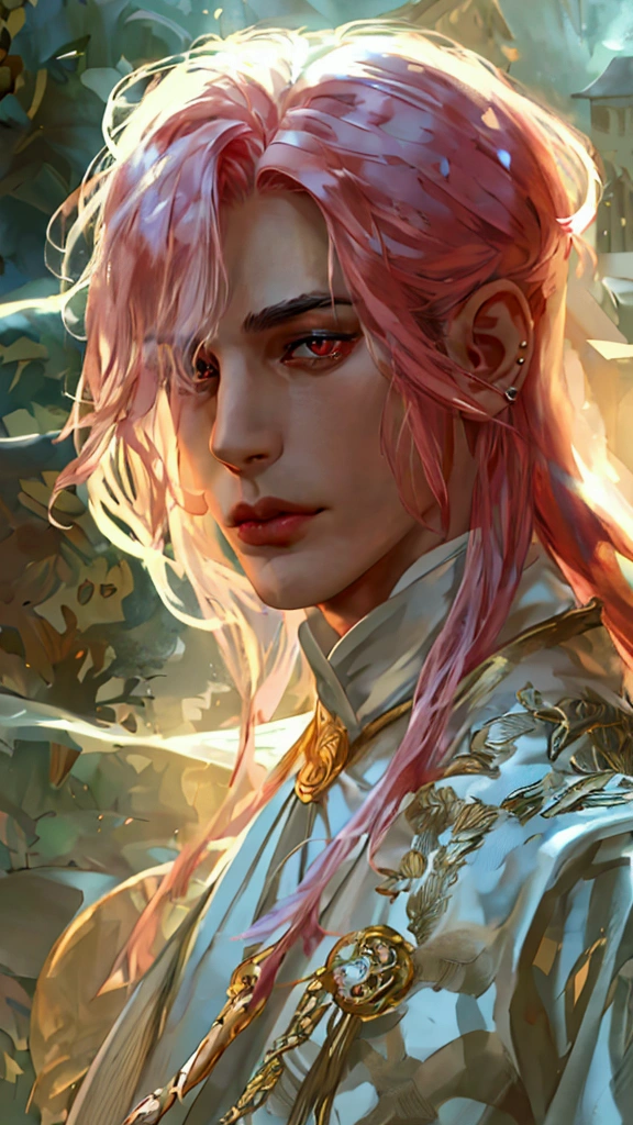 a handsome mature man, solo, 1boy, peerless beauty, godlike, perfect physique, perfect jawline, perfect lips, piercing red eyes, perfectly sculpted face, monocle, flawless tanned skin, the most handsome man in the world, sleek long pink hair, dignified visage, striking gold eyes with monocle, exudes a regal and refined aura, wearing a simple yet elegant two-piece silk outfit, a white suit with silver accents, a pale silk cloak, flowing and ethereal traditional attire, serene and mystical atmosphere, fantasy-style victorian elegance in anime style, exquisite and mature manga art style, best quality, highres, ultra-detailed, ultra-fine painting, professional, anatomically correct, symmetrical face, extremely detailed eyes and face, high quality eyes, creativity, RAW photo, UHD, 8k, natural light, cinematic lighting, masterpiece-anatomy-perfect, masterpiece:1.5, man facing straight with hands in pocket, torso shot