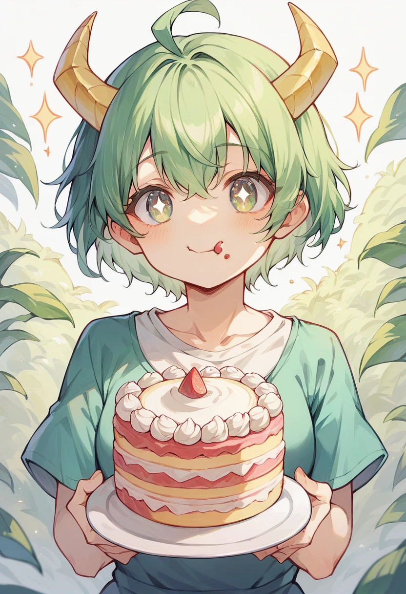 Green Hair, Short Hair,yellow horns,Eat cake,Cute Girls,Sparkling Eyes