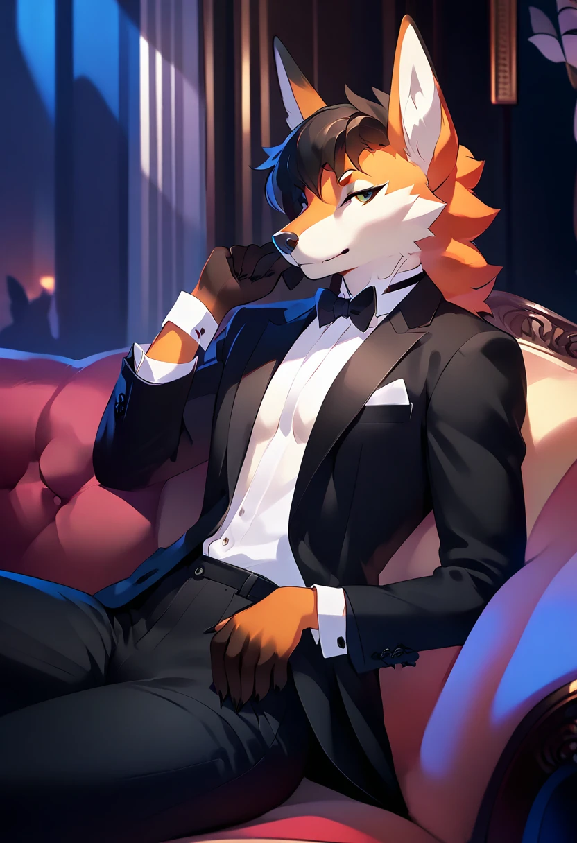 handsome, homosexual furry male jackal wearing a black suit wearing black suit pants, mafia vibes, feminine male jackal, gay pose, orange fur, light novel art, sfw, no nudity,