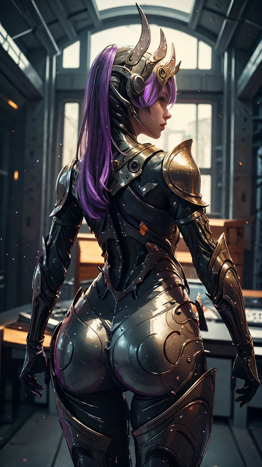 Alien armour, purple stripes skin, slime skin, portrait, epic, rim light, mechanized, full body [[huge perky breasts,slim waist , cleavage bulge, thick thighs, curvy figure]] looking back, backside POV from back 