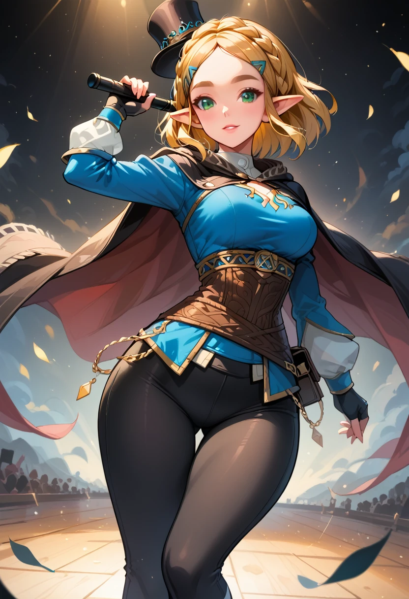 (extremely fine and beautiful:1.1), (perfect details:1.1), (finely detailed eyes and detailed face:1.3), ZeldaSDXL, Princess Zelda, narrow hips, medium breasts, slender thighs, small ears, pointy ears, braid, hair ornament, hairclip, gloves, black gloves, fingerless gloves, blue shirt, shirt, long sleeves, crown braid, bangs, green eyes, parted bangs, pants, black pants, blonde hair, short hair, long hair, cape, sidelocks, hood, thick eyebrows, jewelry, hooded cape, belt, tight pants, tight, puffy sleeves, ( lost path), black Mary Jane tap heels, white socks, while tap dancing, on stage, wearing a black top hat on her head, holding a black cane on her hands