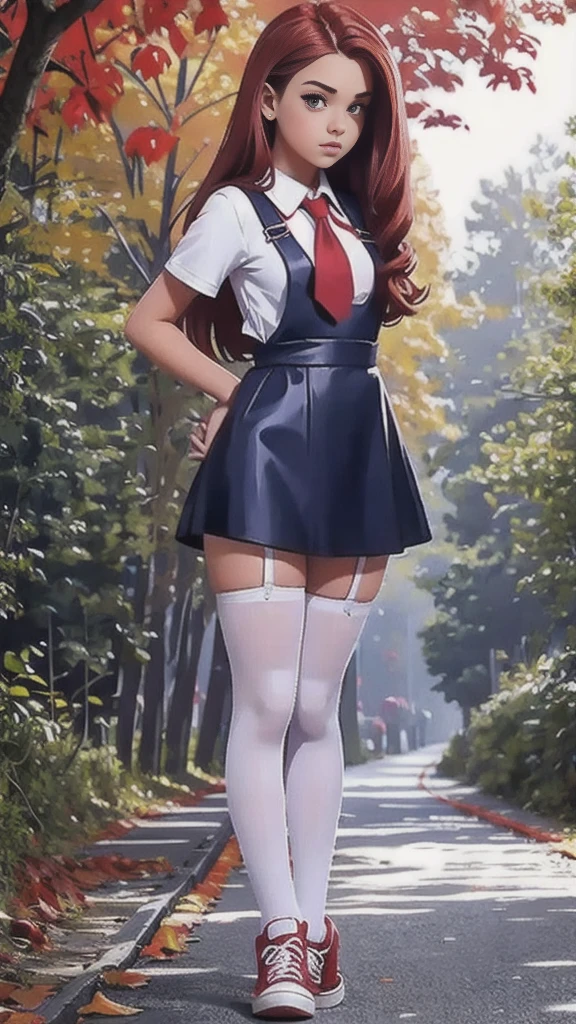 Cute  curvy beautiful teen   schoolgirl ,  beautiful  teen face, red leather skater pinafore dress ,  transparent white blouse, short sleeves, red silk tie , brunette long hair,  beautiful eyes. stockings,  Sneakers,  schoolgirl - standing in the wood,   photorealistic , sad face, skater pinafore, leather skater dress, perfect legs, full size figure, perfect legs, frills on dress