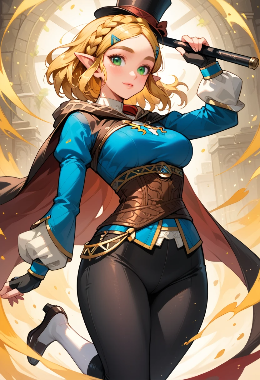 (extremely fine and beautiful:1.1), (perfect details:1.1), (finely detailed eyes and detailed face:1.3), ZeldaSDXL, Princess Zelda, narrow hips, medium breasts, slender thighs, small ears, pointy ears, braid, hair ornament, hairclip, gloves, black gloves, fingerless gloves, blue shirt, shirt, long sleeves, crown braid, bangs, green eyes, parted bangs, pants, black pants, blonde hair, short hair, long hair, cape, sidelocks, hood, thick eyebrows, jewelry, hooded cape, belt, tight pants, tight, puffy sleeves, ( lost path), black Mary Jane tap heels, white socks, while tap dancing, on stage, wearing a black top hat on her head, holding a black cane on her hands