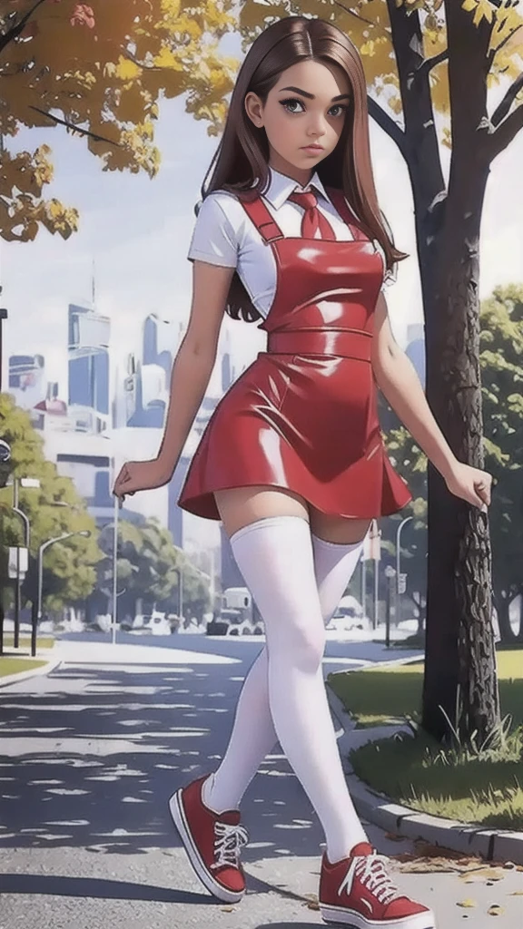 Cute  curvy beautiful teen   schoolgirl ,  beautiful  teen face, red leather skater pinafore dress ,  transparent white blouse, short sleeves, red silk tie , brunette long hair,  beautiful eyes. stockings,  Sneakers,  with skateboard in hand, schoolgirl - standing in the park,   photorealistic , sad face, skater pinafore, leather skater dress, perfect legs, full size figure, perfect legs, frills on dress