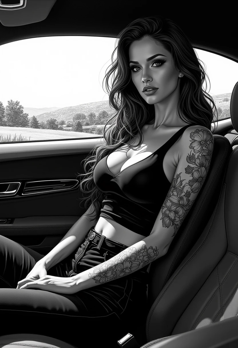 
In a combination of the styles of Russ Mills, Sakimichan, Wlop, Loish, Artgerm, Darek Zabrocki, Takato Yamamoto and Jean-Baptiste Monge, a stylish, modern woman sitting confidently inside a luxury car, with a sleek black-and-white comic or noir art style. She has long, wavy hair cascading over her shoulders, sharp facial features, and bold makeup, emphasizing her intense gaze. Her arms feature intricate floral tattoos. She wears a tight tank top with thin straps, revealing subtle highlights and shadows on the fabric. A seatbelt runs across her chest, adding realism, and the interior of the car is detailed with reflective surfaces, soft leather seats, and chrome elements. The background outside the car window shows a minimal, sketch-like landscape of distant hills and trees. The lighting emphasizes glossy textures, creating sharp contrasts between bright highlights and deep shadows, capturing the essence of a graphic novel aesthetic. Inspired by a prompt by Wendel White, recreated by Kastellen.