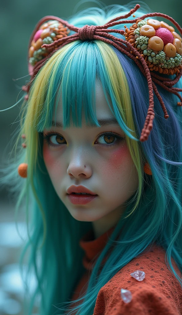 multicolored hair, hair ribbon, Surrealism, cinematic lighting, close-up, UHD, high details, masterpiece  