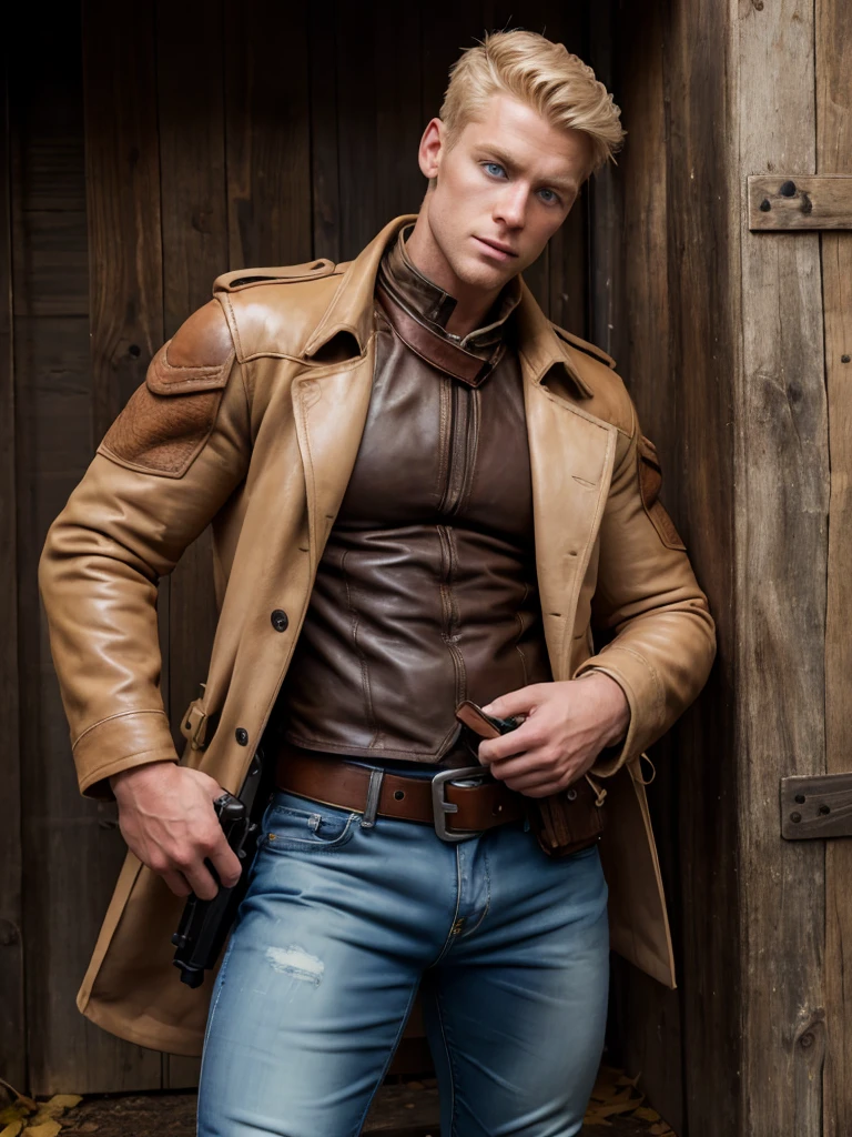  Very detailed illustration of blond man , Blue Eyes, 1,75cm tall ,  rosto sisudo , Wearing a white hurdle open chest bodybuilding vest,  Worn jeans ,  Leather pistol holster tied at waist and right thigh of pants, brown coat ,  black boots ,  Handheld hunting rifle ， Pistol tube resting on shoulder 