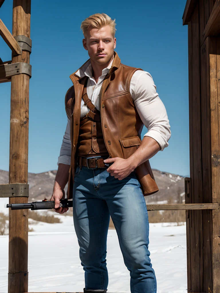  Very detailed illustration of blond man , Blue Eyes, 1,75cm tall ,  rosto sisudo , Wearing a white hurdle open chest bodybuilding vest,  Worn jeans ,  Leather pistol holster tied at waist and right thigh of pants, brown coat ,  black boots ,  Handheld hunting rifle ， Pistol tube resting on shoulder 