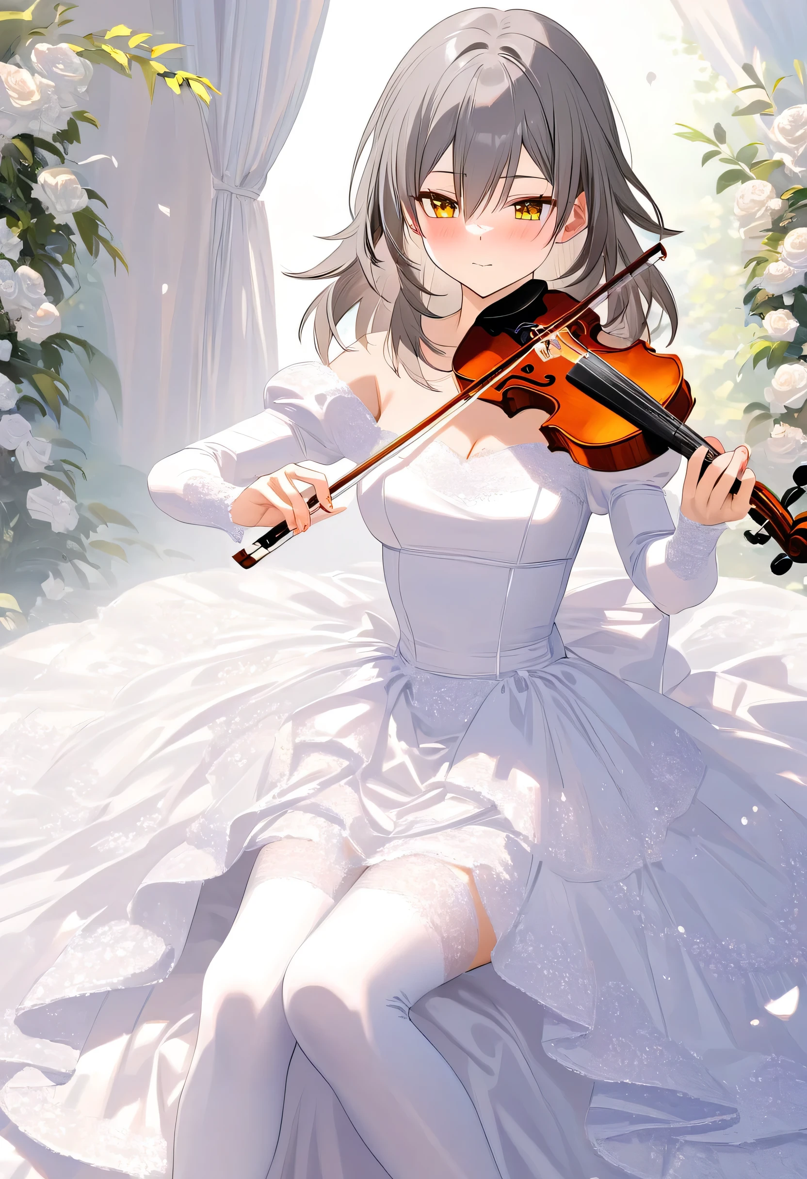 stelle \(honkai: star rail\), grey hair, bangs, hair between eyes, long hair, yellow eyes, medium breasts, blush, closed mouth, heavy breathing, A girl is playing violin bow, acoustic violin bow, playing instrument, The violin bow is white, wedding dress, long sleeve, full length skirt, princess, long elbow gloves, over-knee highs, neat and clean and cute and young girl, (masterpiece:1.2), (best quality:1.2), (very aesthetic:1.2), (absurdres:1.2), (detailed background), (detailed face:1.1), perfect fingers, masterpiece, best quality, beautiful detailed eyes,