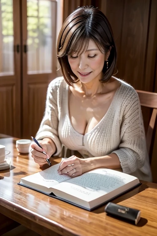 ((unparalleled, masterpiece, best quality)), mombod , older average mature Japanese woman writing a book sitting at a wooden table with a cup of hot coffee, , , 50 year old woman, beautiful look, crazy to write
