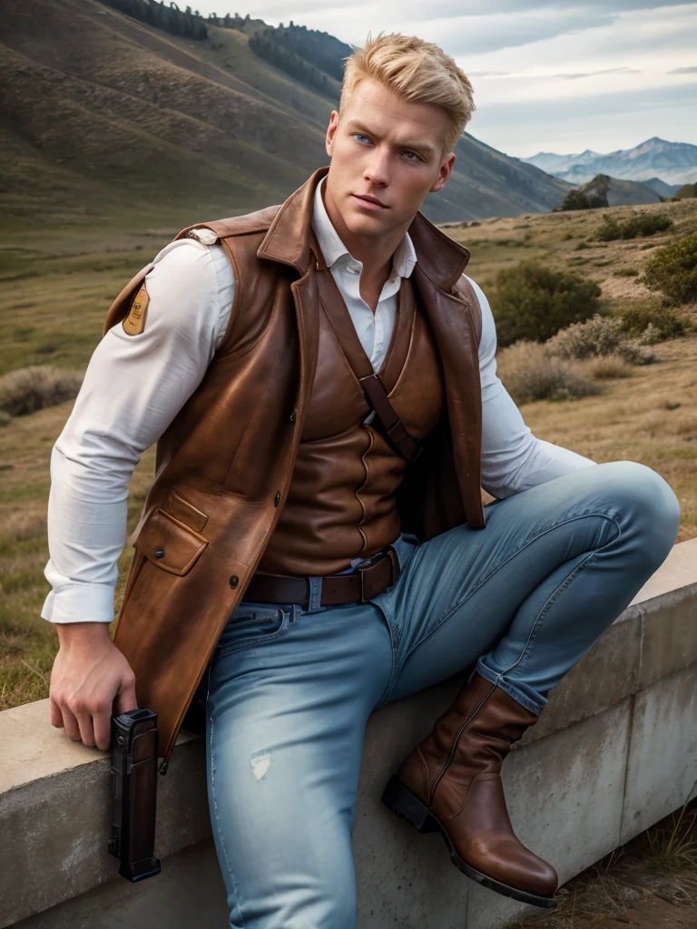  Very detailed illustration of blond man , Blue Eyes, 1,75cm tall ,  rosto sisudo , Wearing a white hurdle open chest bodybuilding vest,  Worn jeans ,  Leather pistol holster tied at waist and right thigh of pants, brown coat ,  black boots ,  Handheld hunting rifle ， Pistol tube resting on shoulder 